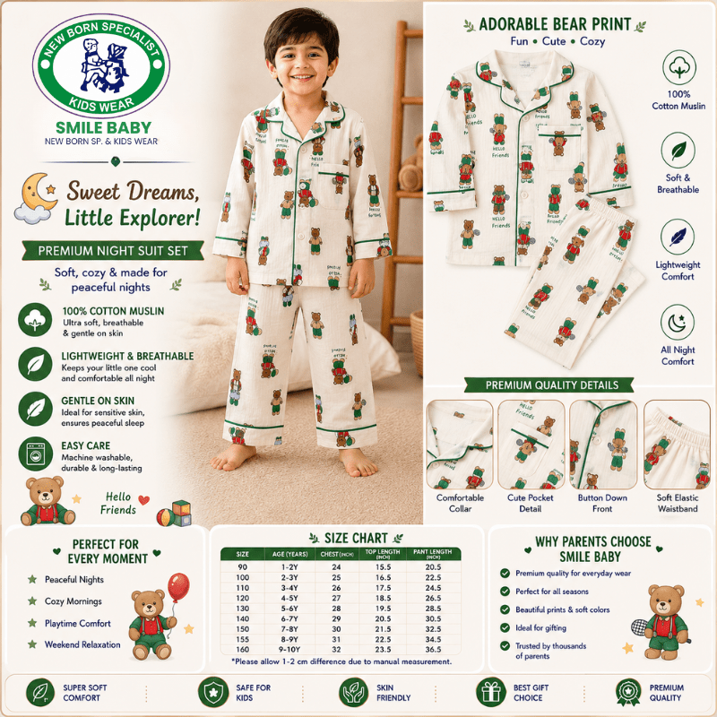 Smile Baby Premium Cotton Muslin Teddy Bear Print Night Suit Set for Boys | Full Sleeve Shirt & Pajama - SMILE BABY