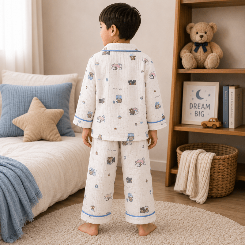Smile Baby Premium Cotton Muslin Teddy Bear Print Night Suit Set for Boys | Full Sleeve Shirt & Pajama - SMILE BABY