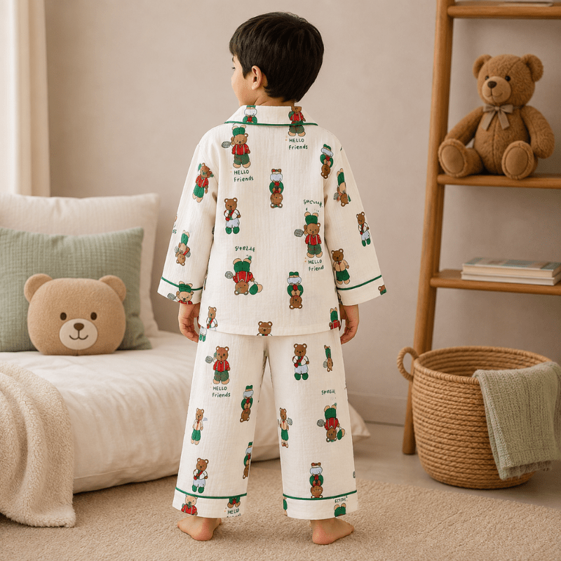Smile Baby Premium Cotton Muslin Teddy Bear Print Night Suit Set for Boys | Full Sleeve Shirt & Pajama - SMILE BABY