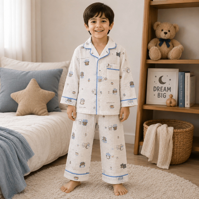 Smile Baby Premium Cotton Muslin Teddy Bear Print Night Suit Set for Boys | Full Sleeve Shirt & Pajama - SMILE BABY