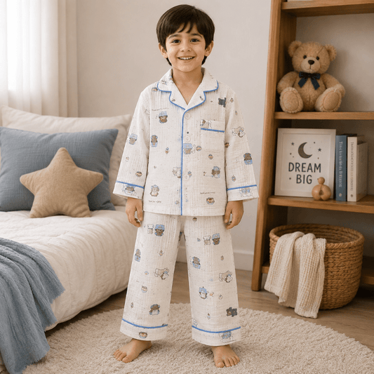 Smile Baby Premium Cotton Muslin Teddy Bear Print Night Suit Set for Boys | Full Sleeve Shirt & Pajama - SMILE BABY
