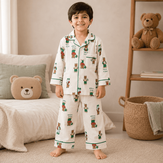 Smile Baby Premium Cotton Muslin Teddy Bear Print Night Suit Set for Boys | Full Sleeve Shirt & Pajama - SMILE BABY