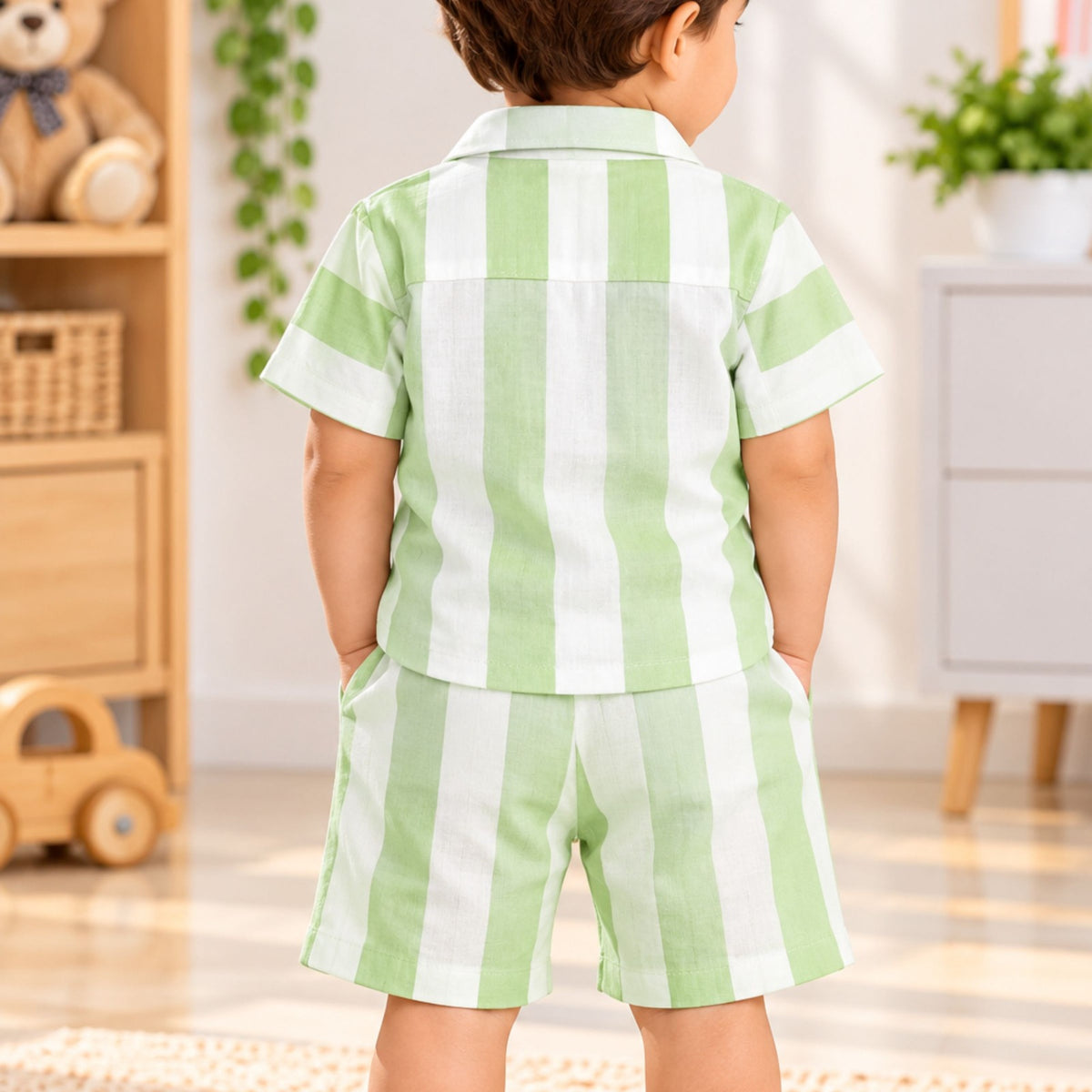Smile Baby green striped summer set back view