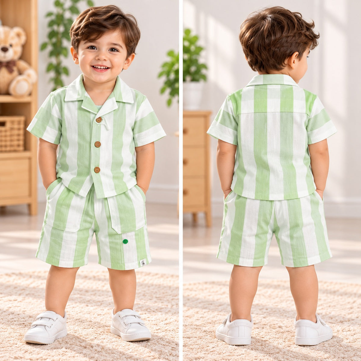 Smile Baby green striped summer set front and back