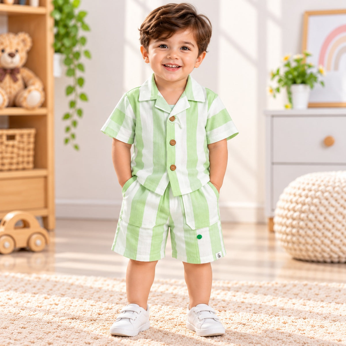 Smile Baby green striped summer set front view