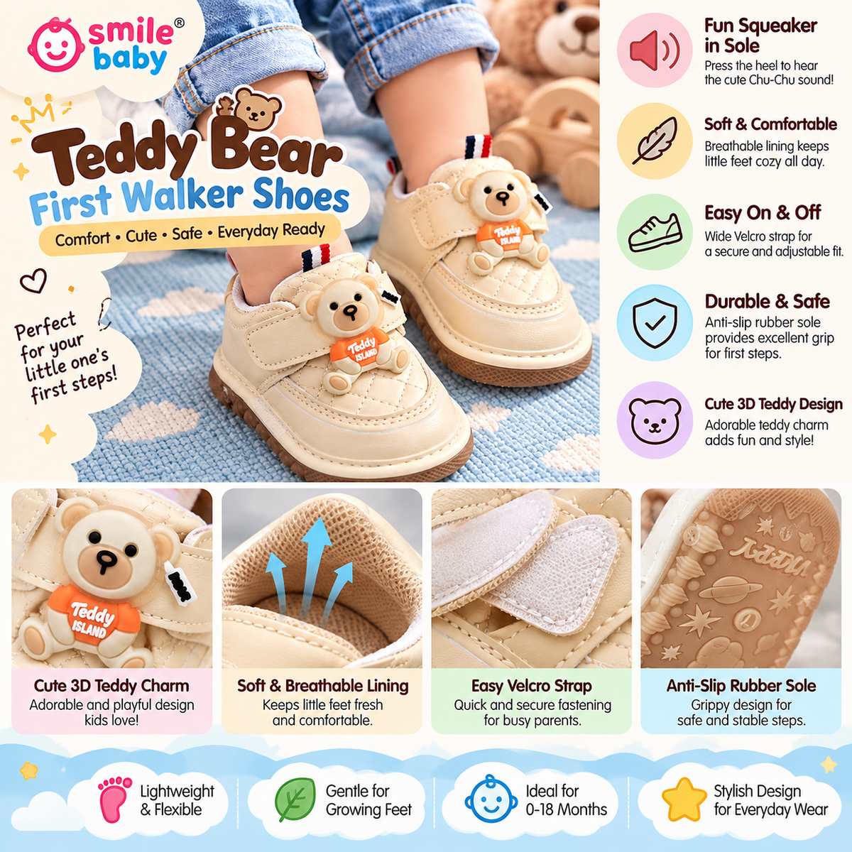 Smile Baby beige teddy bear first walker shoes with 3D teddy design for babies 0 to 18 months