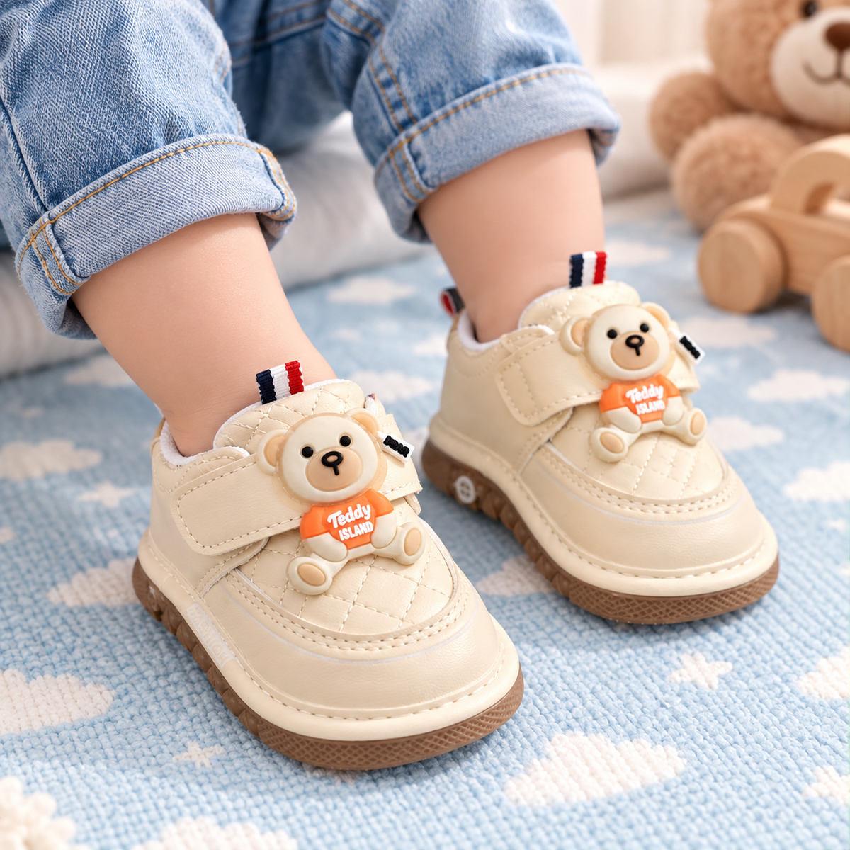 Smile Baby beige teddy bear baby shoes on a soft cloud-patterned rug