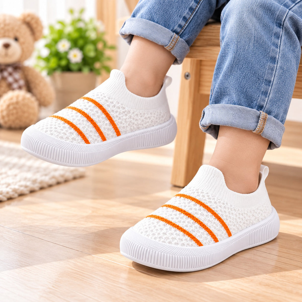 Smile Baby boys white orange stripe slip-on sneakers on feet