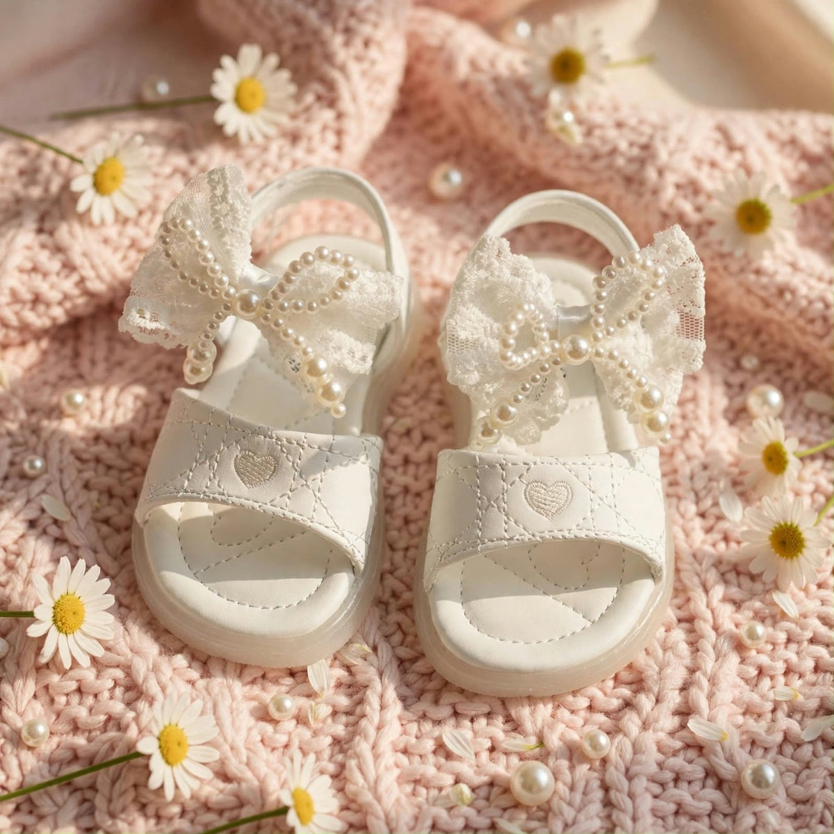 Smile Baby white pearl bow sandals close up for baby girls