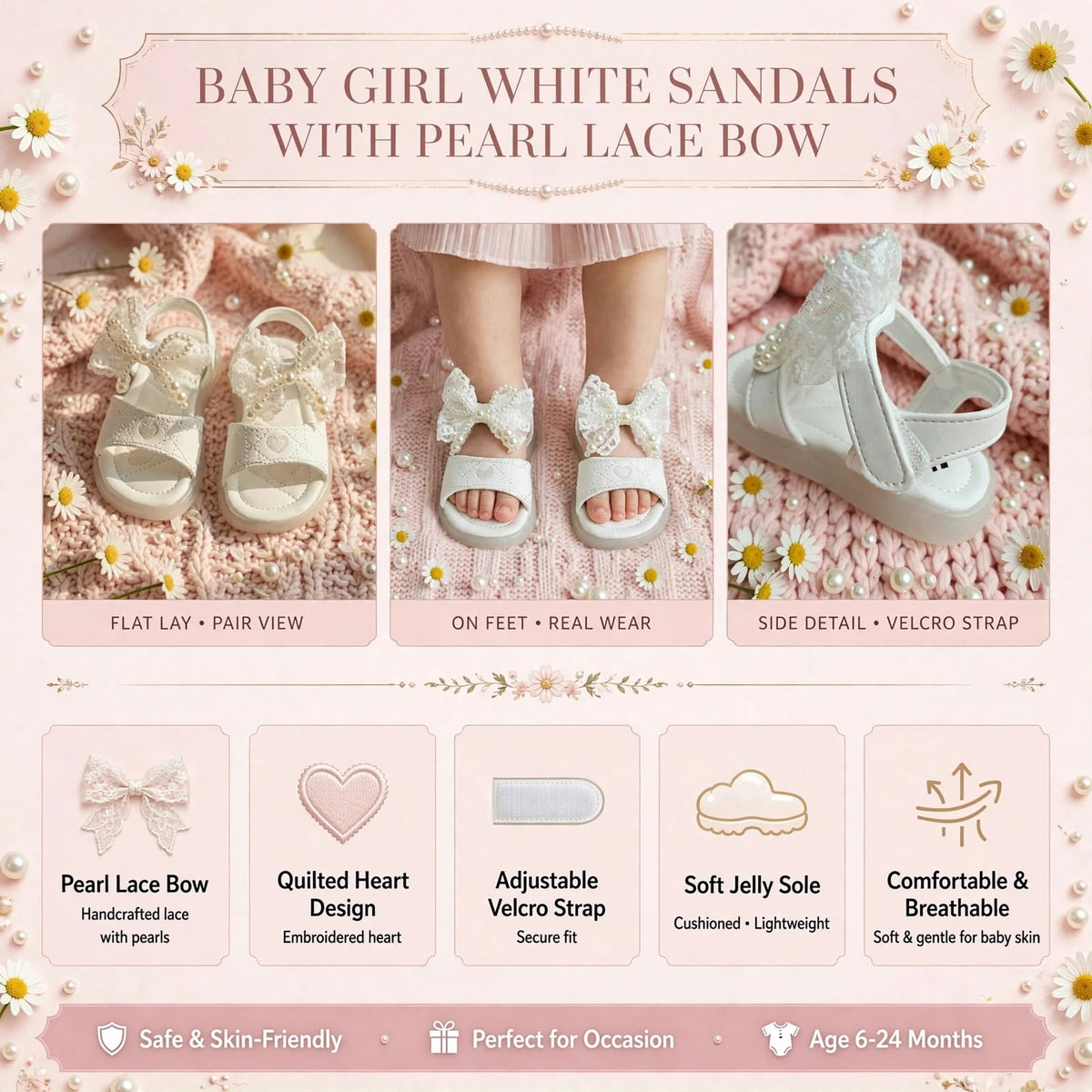 Smile Baby white baby girl sandals pearl bow product features and Velcro strap