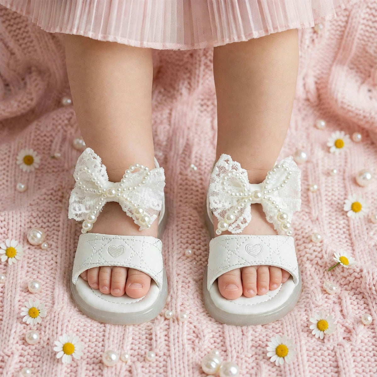 Smile Baby white baby girl sandals with pearl lace bow and soft sole