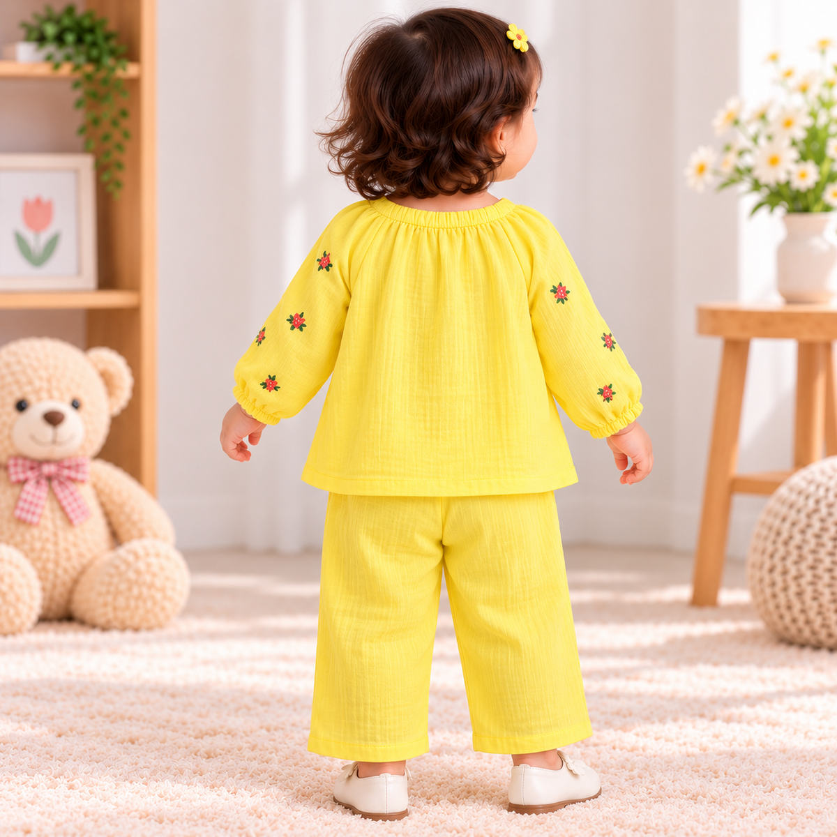 Smile Baby yellow muslin cotton girls night suit with floral print, back view