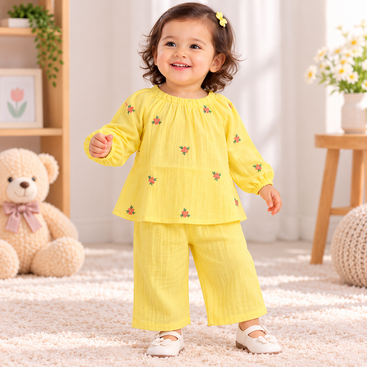Smile Baby yellow muslin girls night suit with soft breathable fabric and floral print details
