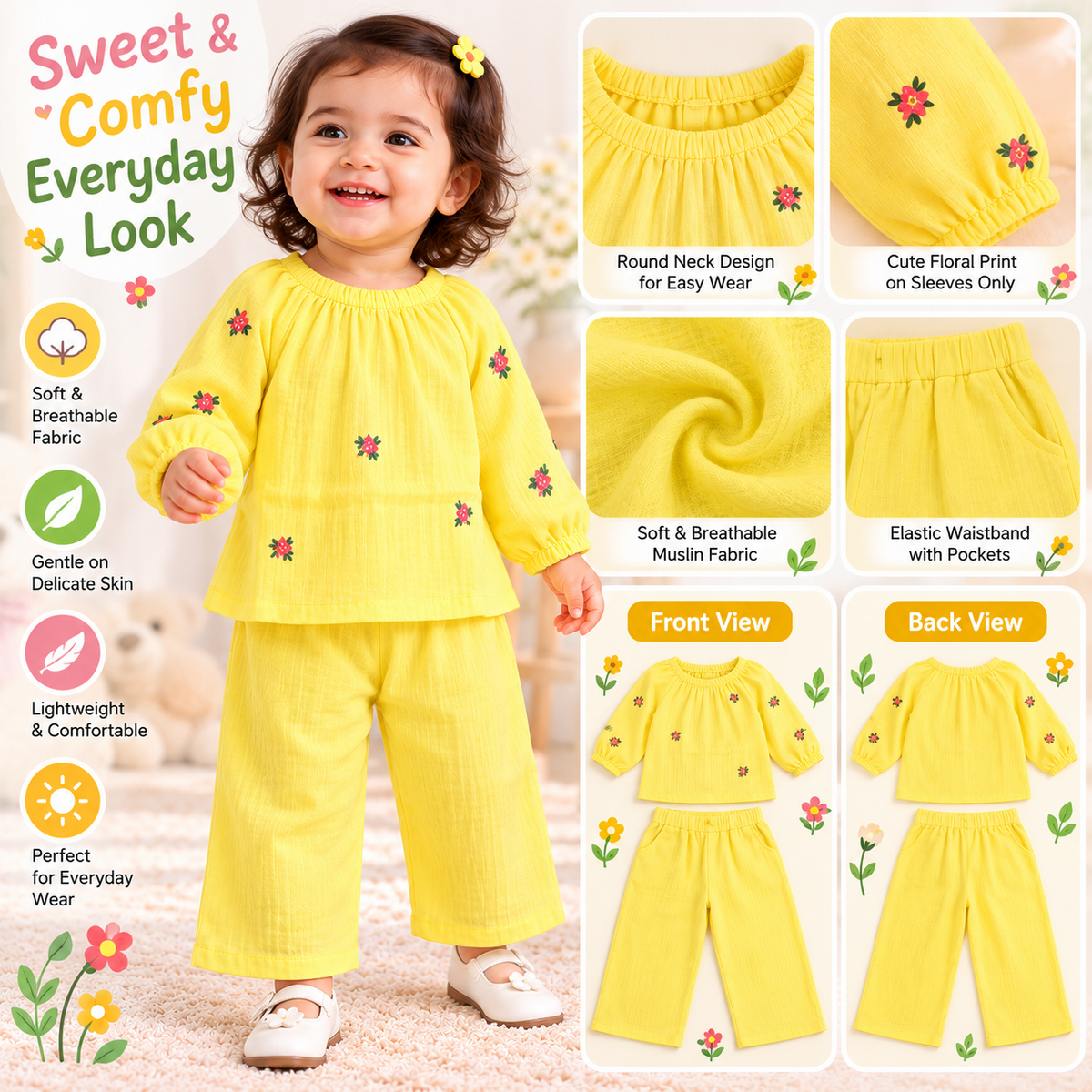 Smile Baby yellow muslin cotton girls night suit with floral print, front view