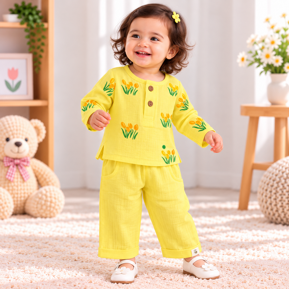 Smile Baby yellow Muslin shirt and pants set for baby girls with tulip print, front view