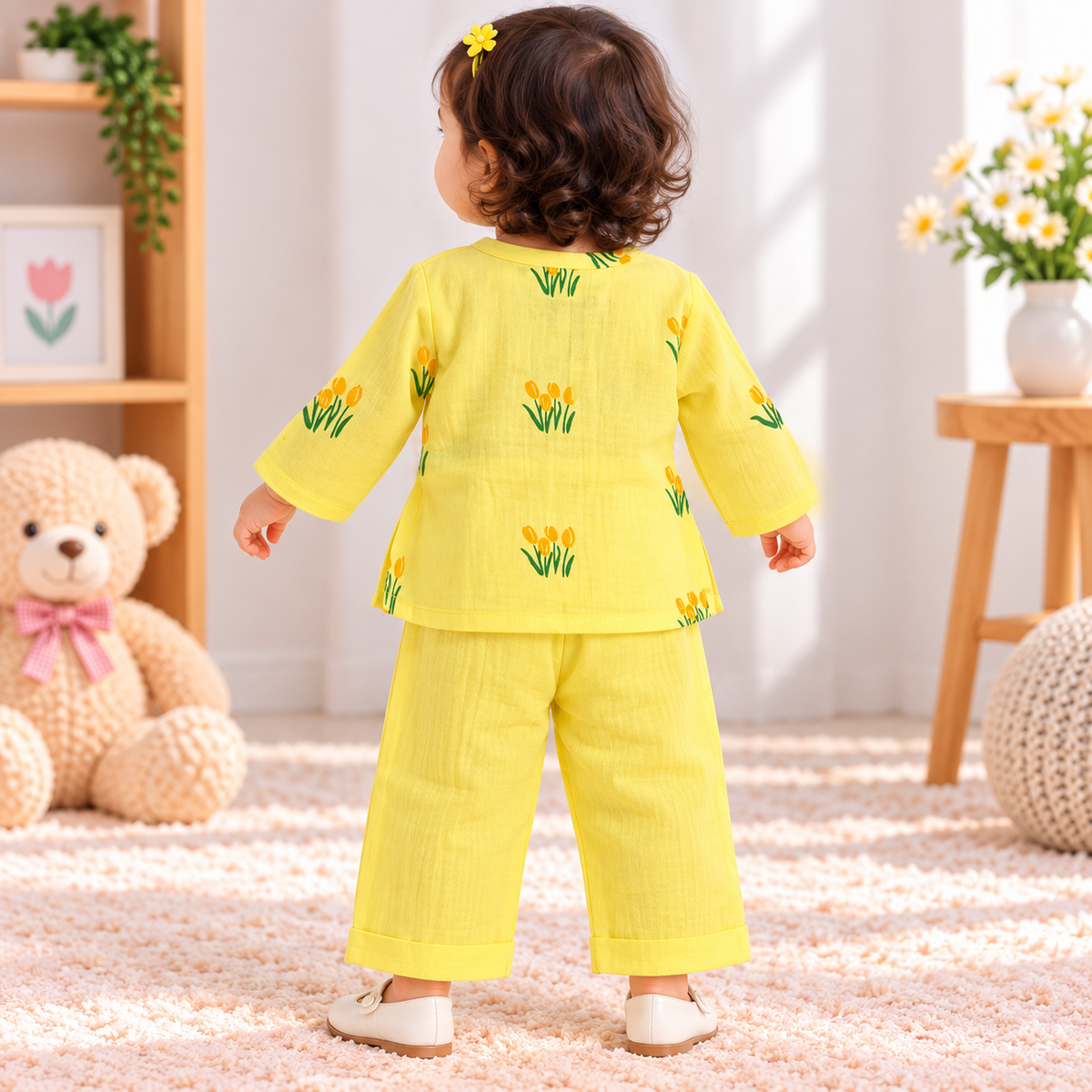 Smile Baby yellow shirt and pants set for baby girls with tulip print, back view