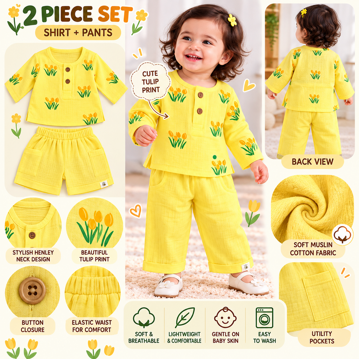 Smile Baby yellow shirt and pants set for baby girls with tulip print, front and back views