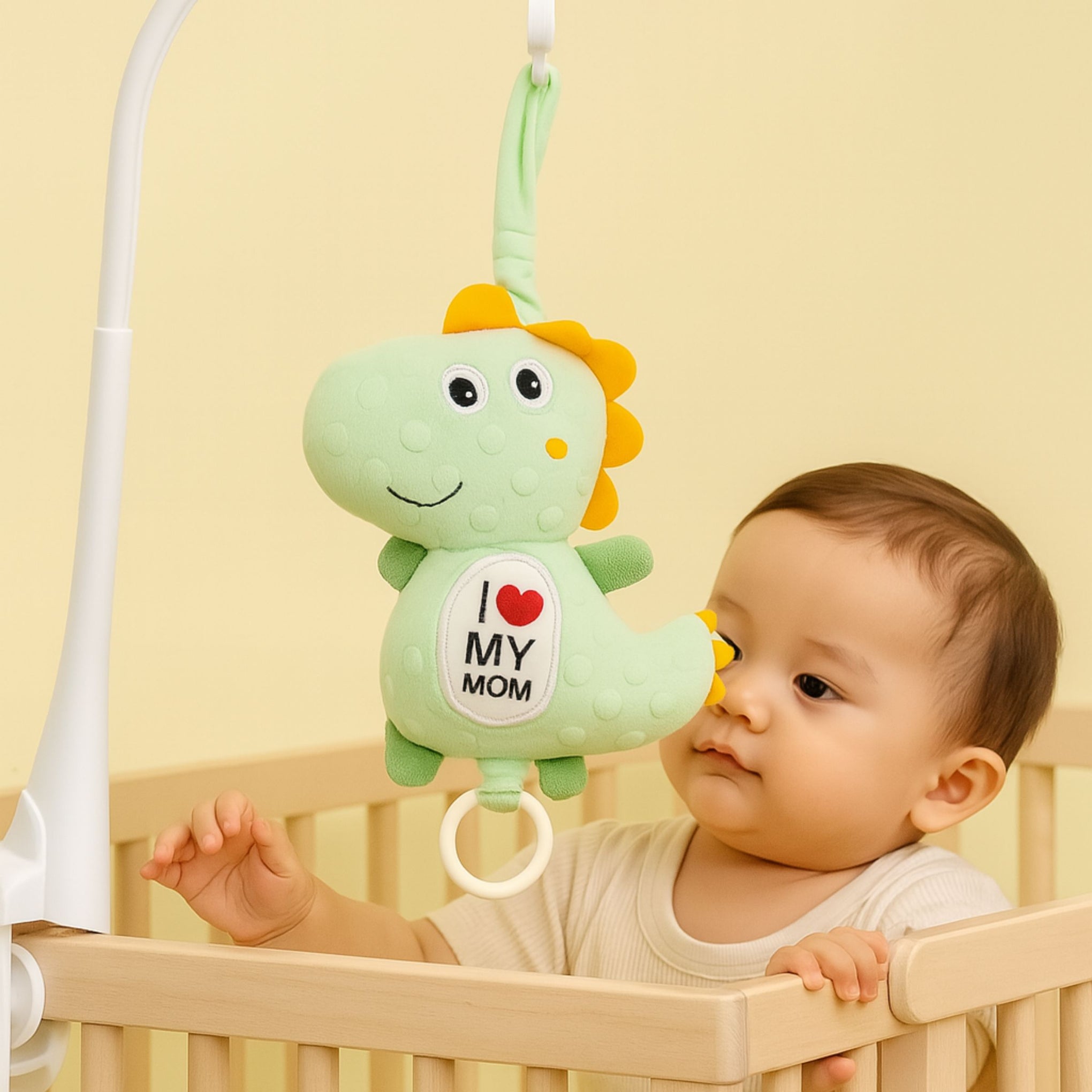 Smile Baby Soft Plush Hanging Dinosaur Toy – “I ♥ MY MOM” Embroidery | Crib & Stroller Attachment | Pull String Musical Toy | For Newborns & 1 Year Olds