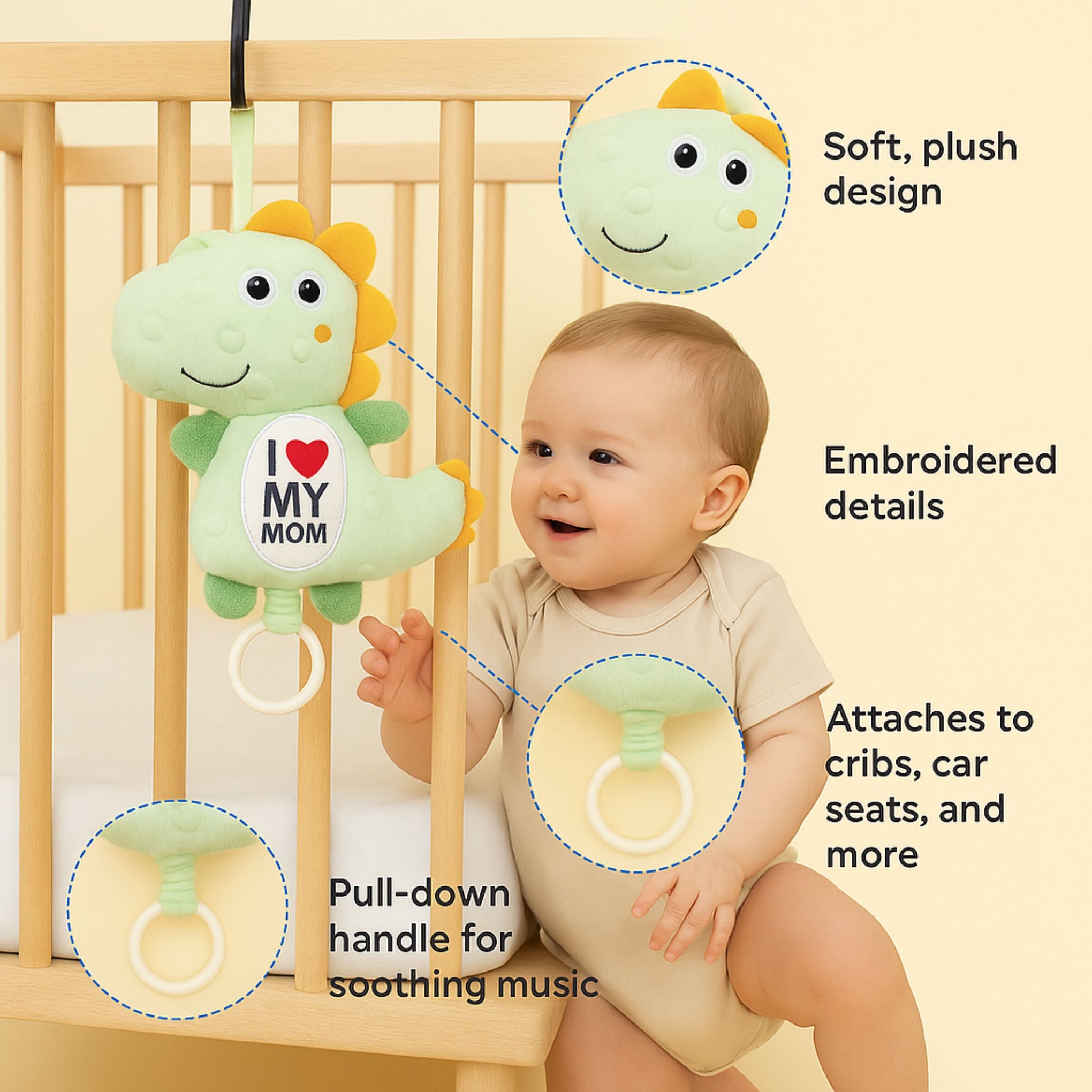 Smile Baby Soft Plush Hanging Dinosaur Toy – “I ♥ MY MOM” Embroidery | Crib & Stroller Attachment | Pull String Musical Toy | For Newborns & 1 Year Olds