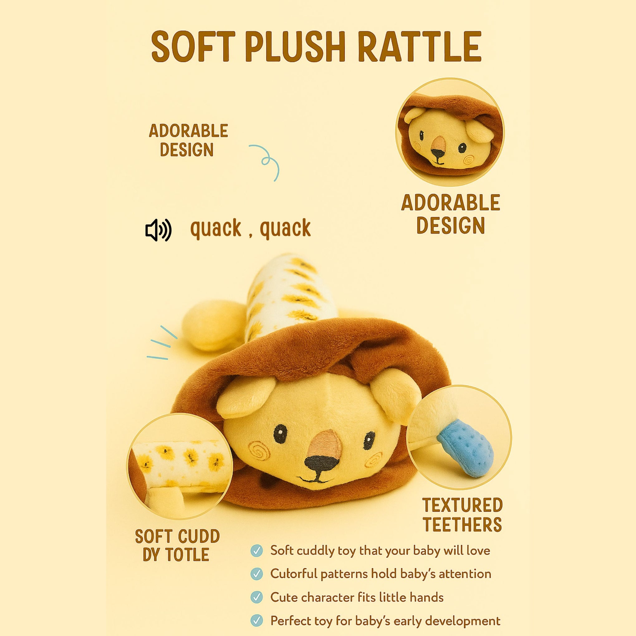 Smile Baby Soft Plush Lion Rattle Toy for Newborns | Gentle Sound & Baby Safe Fabric | Cute Cuddly Animal Toy for Infants