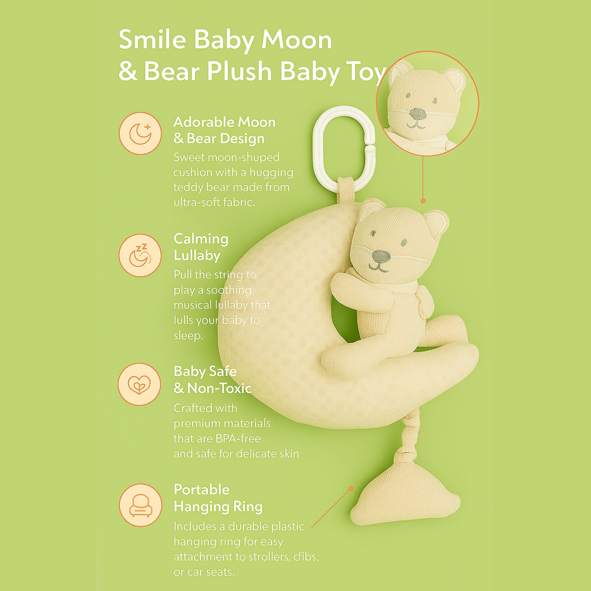 Smile Baby Soft Hanging Moon & Bear Plush Musical Cradle Toy – Gentle Lullaby Soothing Toy for Newborns | Available in Cream & Pink | Crib & Stroller Hanging Toy
