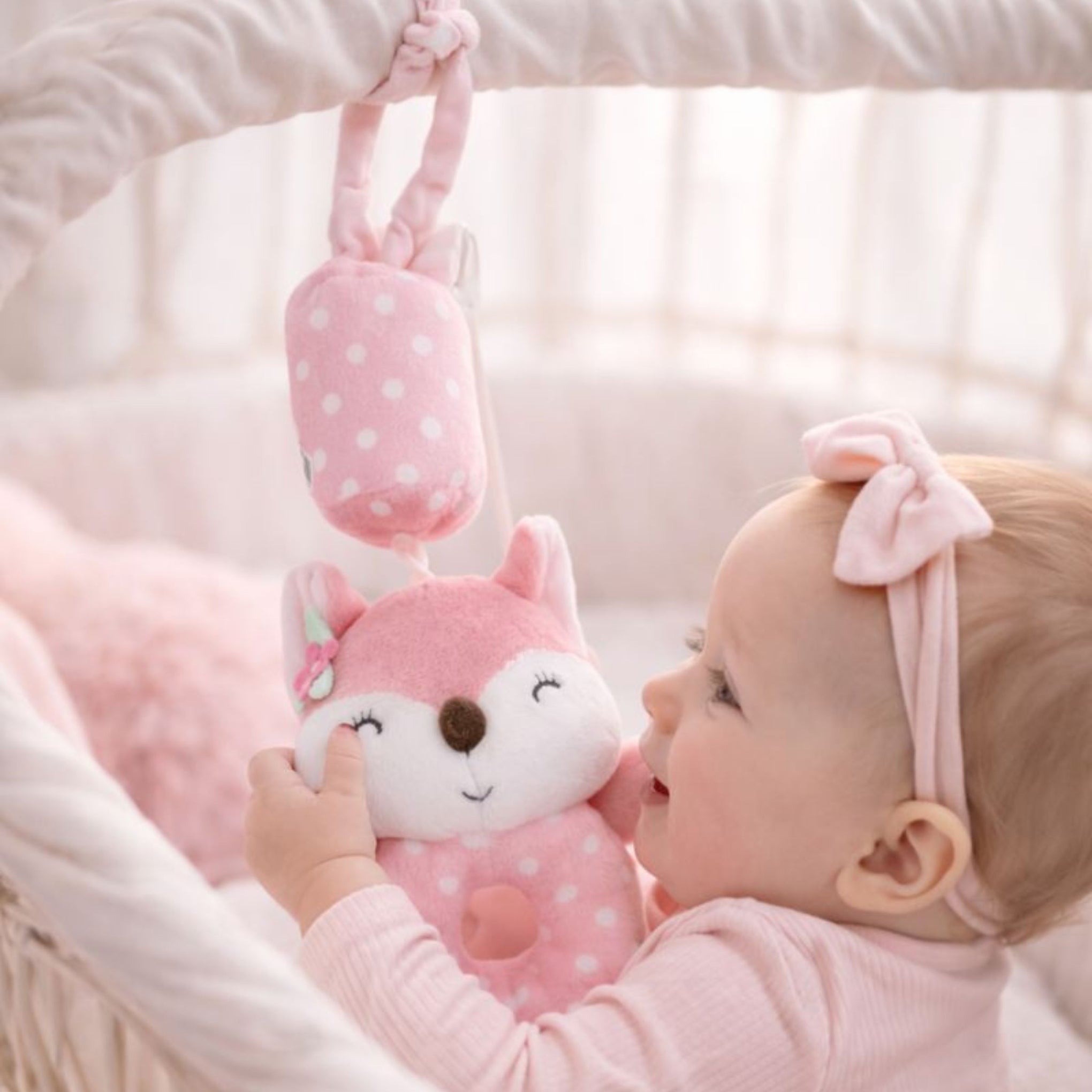 Plush Fox Musical Hanging Toy for Baby Crib – Soft Lullaby Nursery Toy (Pink)