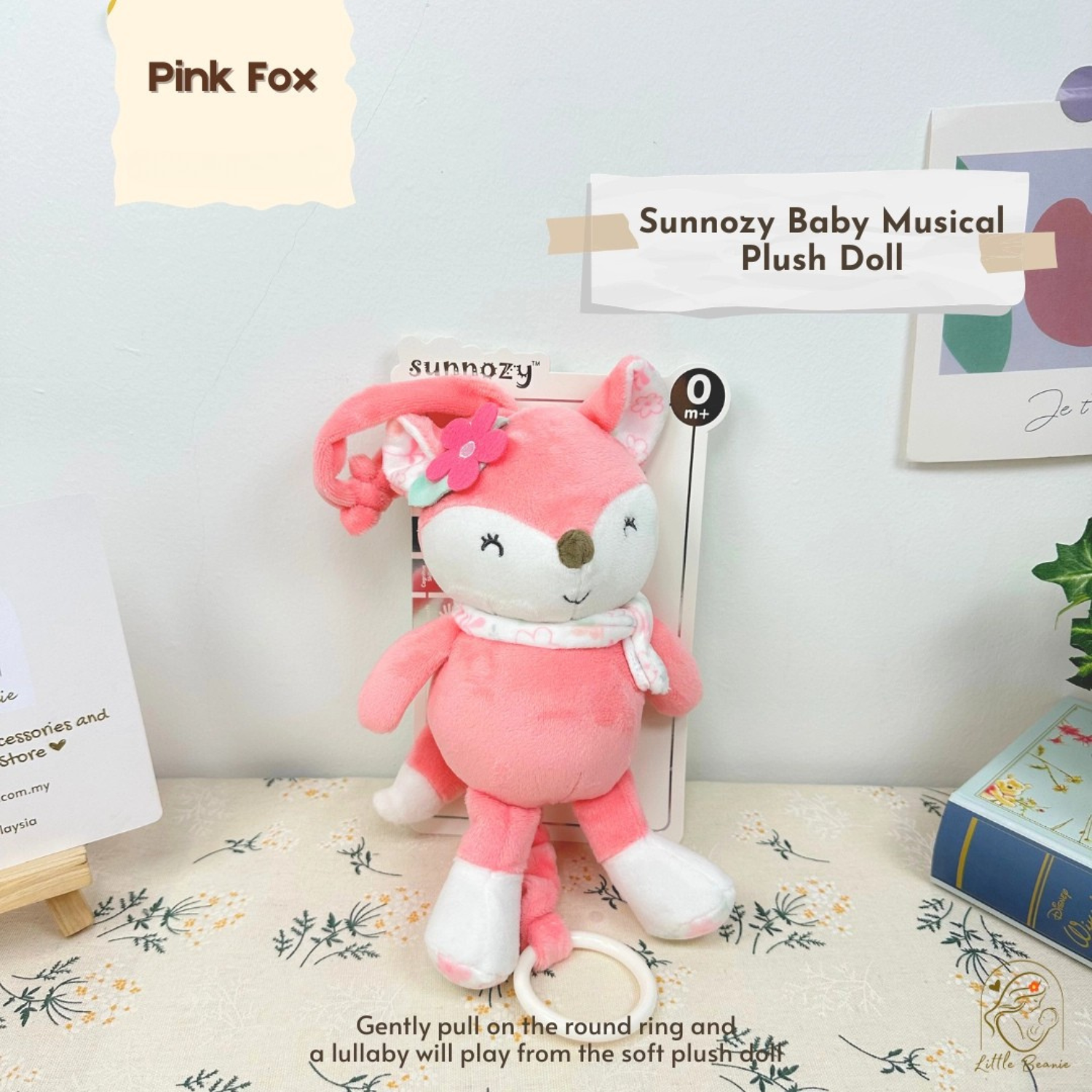 Sunnozy Baby Musical Plush Pink Fox Hanging Toy – Soft Fabric Pull Ring Lullaby Toy for Crib, Stroller & Nursery