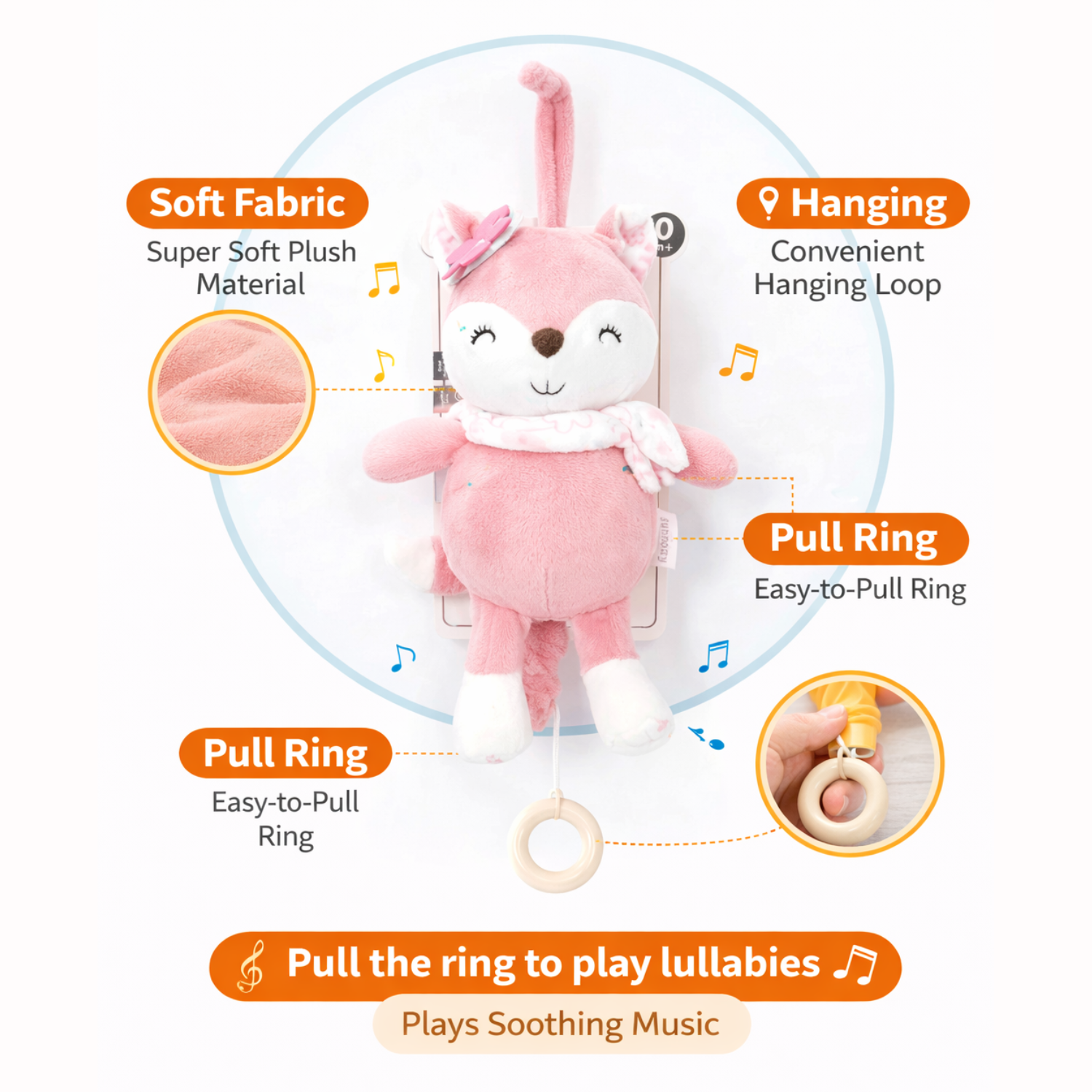 Sunnozy Baby Musical Plush Pink Fox Hanging Toy – Soft Fabric Pull Ring Lullaby Toy for Crib, Stroller & Nursery