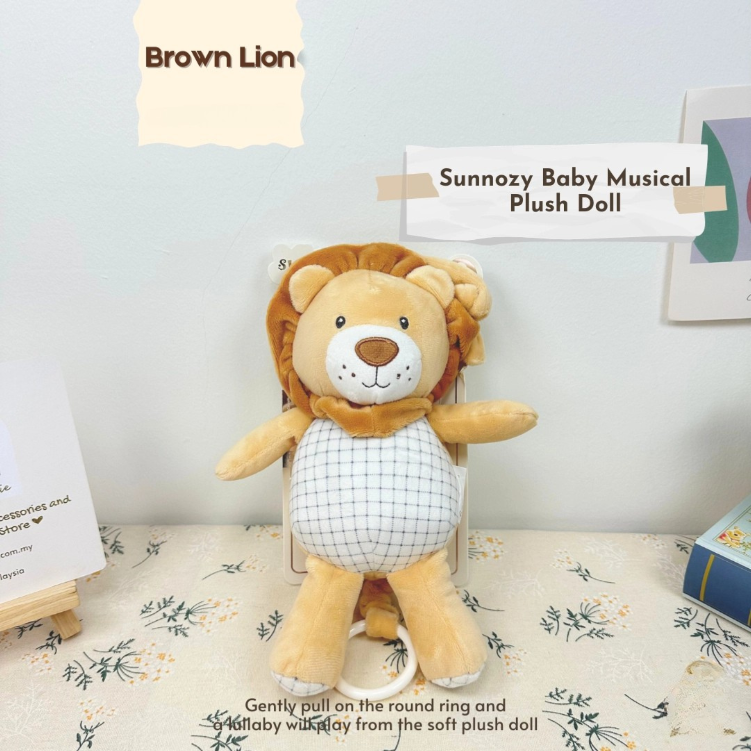 Sunnozy Baby Musical Plush Lion Hanging Toy – Soft Fabric Pull Ring Lullaby Toy for Crib, Stroller & Nursery