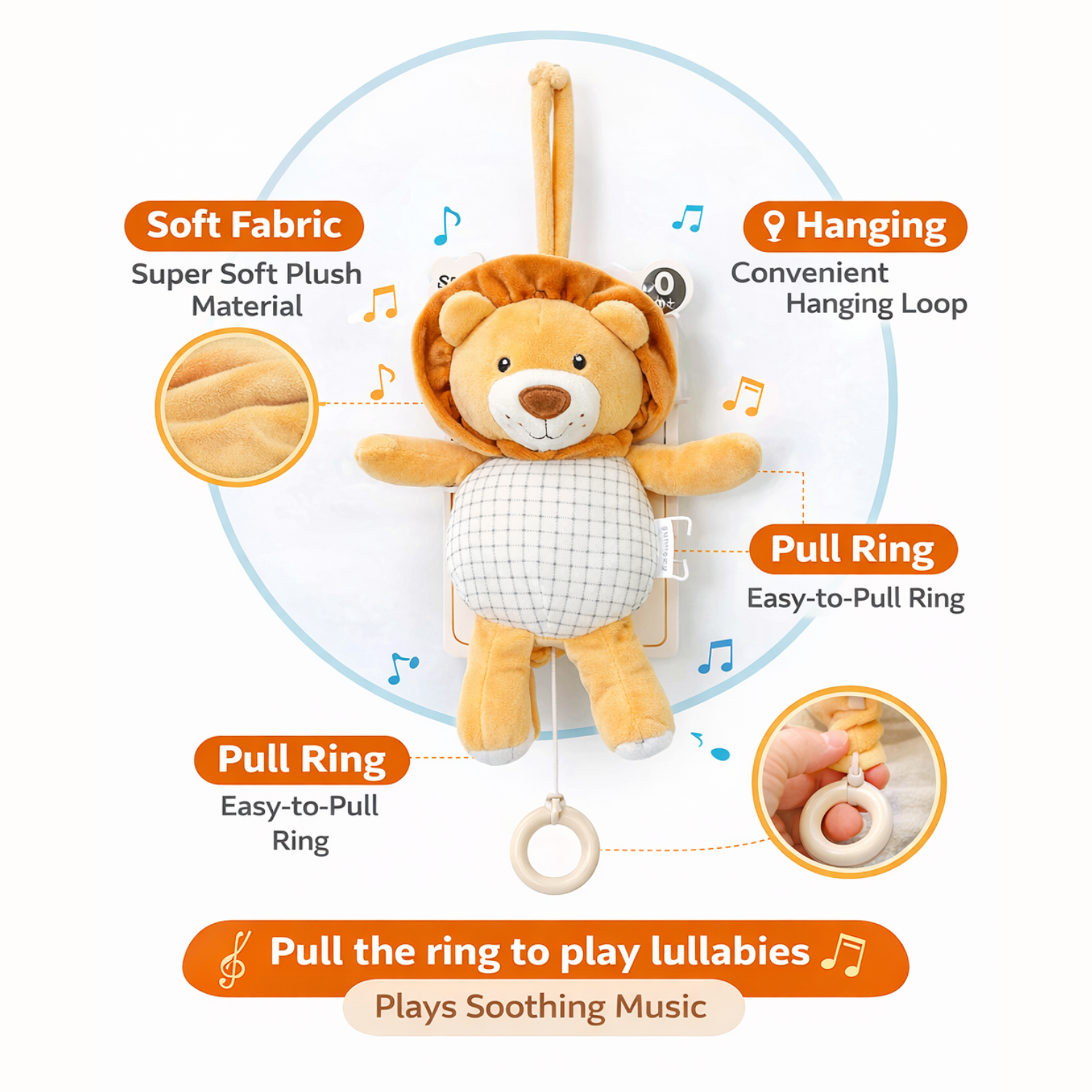 Sunnozy Baby Musical Plush Lion Hanging Toy – Soft Fabric Pull Ring Lullaby Toy for Crib, Stroller & Nursery