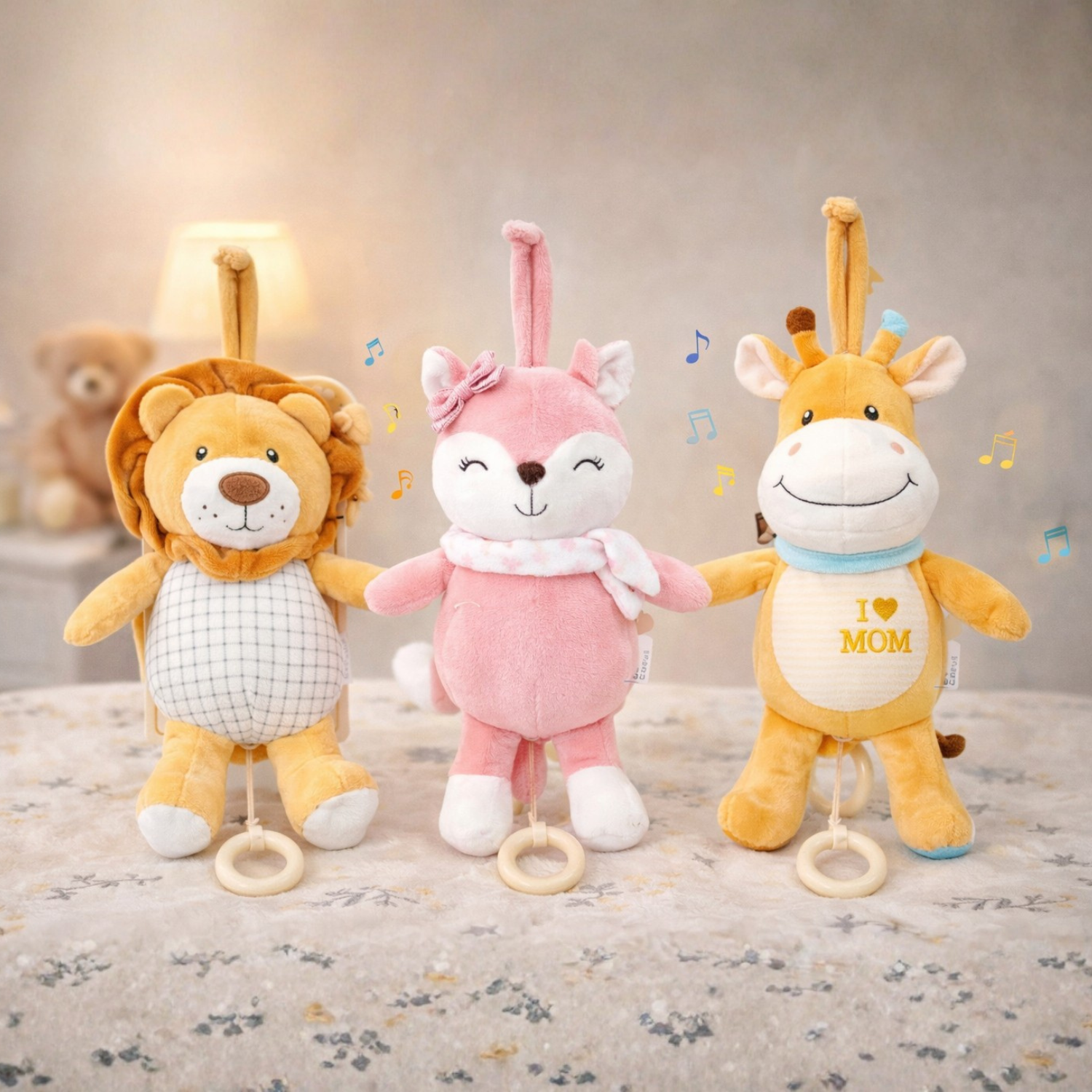 Sunnozy Baby Musical Plush Pink Fox Hanging Toy – Soft Fabric Pull Ring Lullaby Toy for Crib, Stroller & Nursery