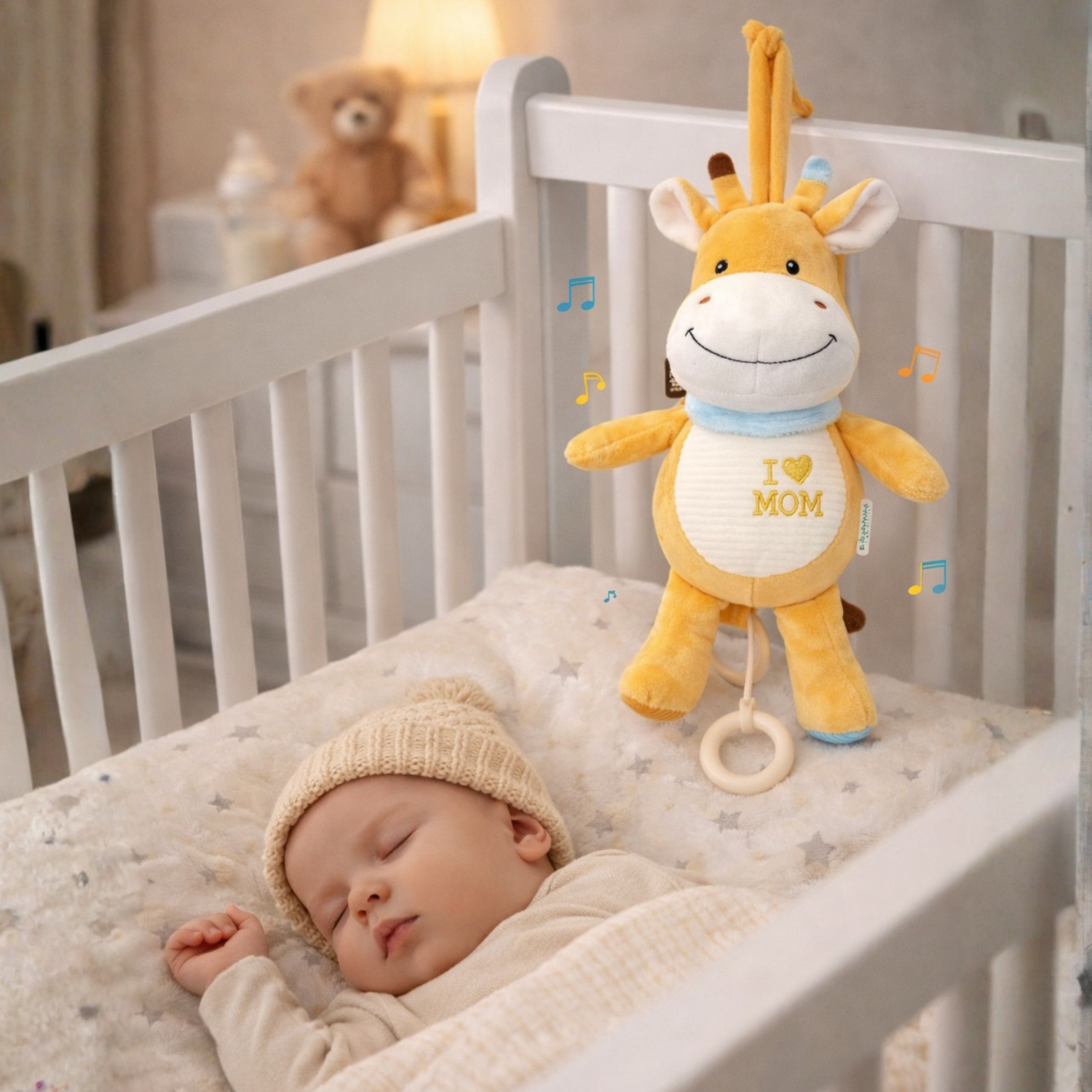 Sunnozy Baby Musical Plush Giraffe Hanging Toy – Soft Fabric Pull Ring Lullaby Toy for Crib, Stroller & Nursery