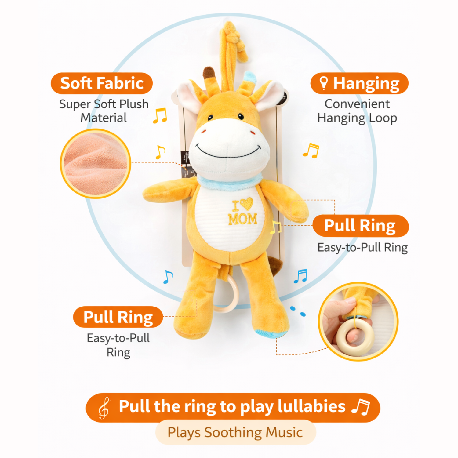 Sunnozy Baby Musical Plush Giraffe Hanging Toy – Soft Fabric Pull Ring Lullaby Toy for Crib, Stroller & Nursery