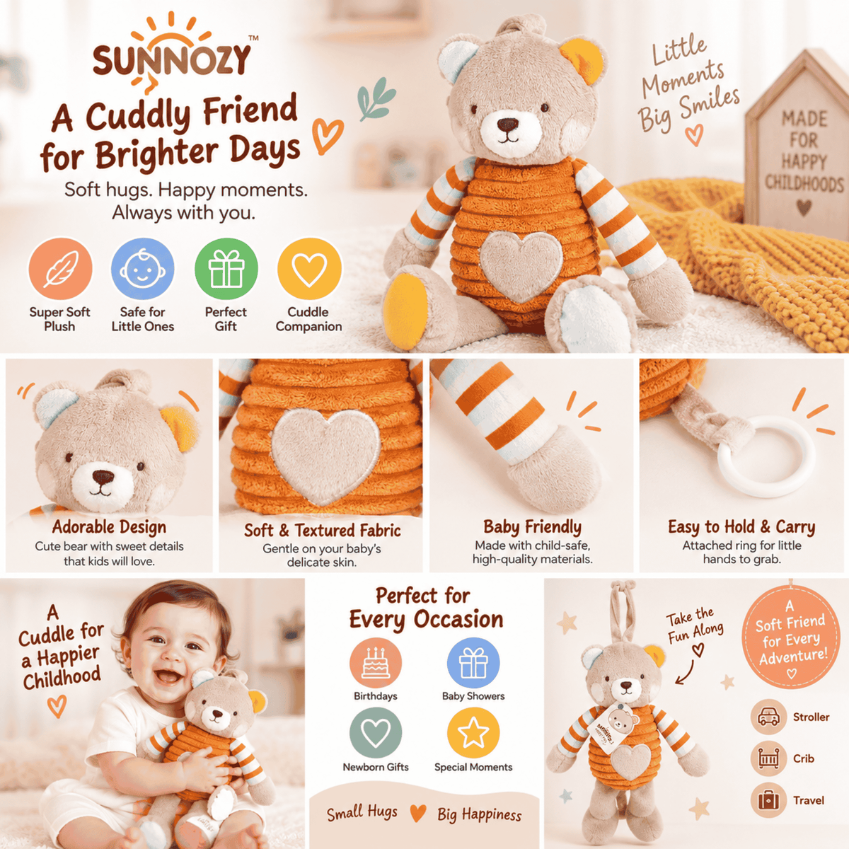 Sunnozy Soft Plush Teddy Bear Baby Toy with Easy-Grip Ring | Cuddly Toy