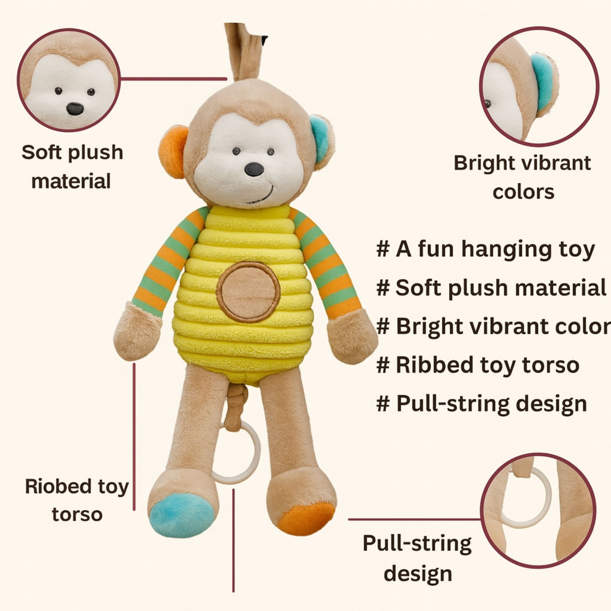 Smile Baby Hanging Musical Monkey Plush Toy – Soft Fabric | Pull-String Music | Multicolor