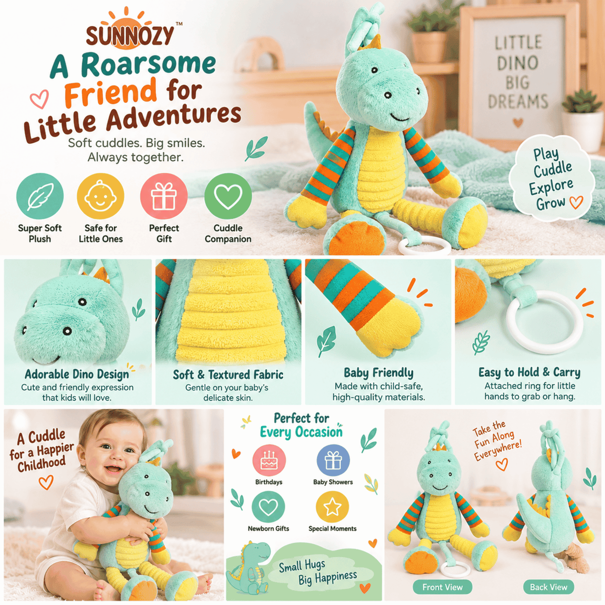 Sunnozy Soft Plush Dinosaur Baby Toy with Easy-Grip Ring | Cuddly Dino Toy 