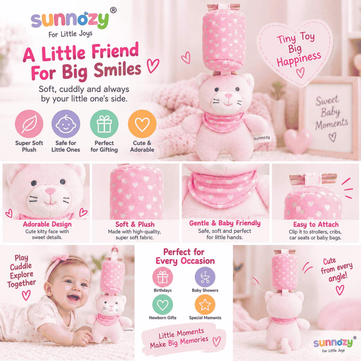 Sunnozy Soft Plush Cat Baby Toy with Clip-On Hanging Ring | Baby Cuddle Toy 