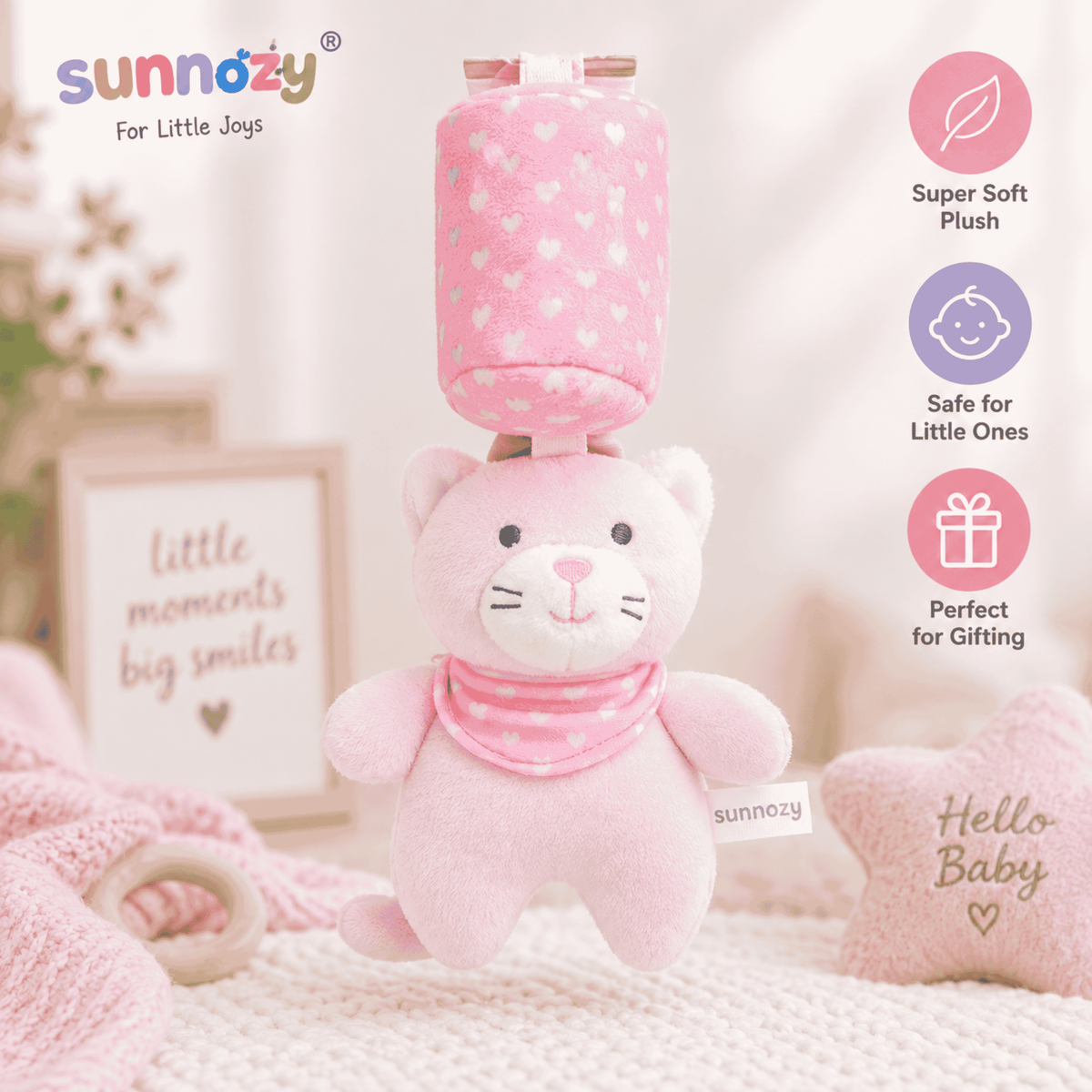 Sunnozy Soft Plush Cat Baby Toy with Clip-On Hanging Ring | Baby Cuddle Toy 