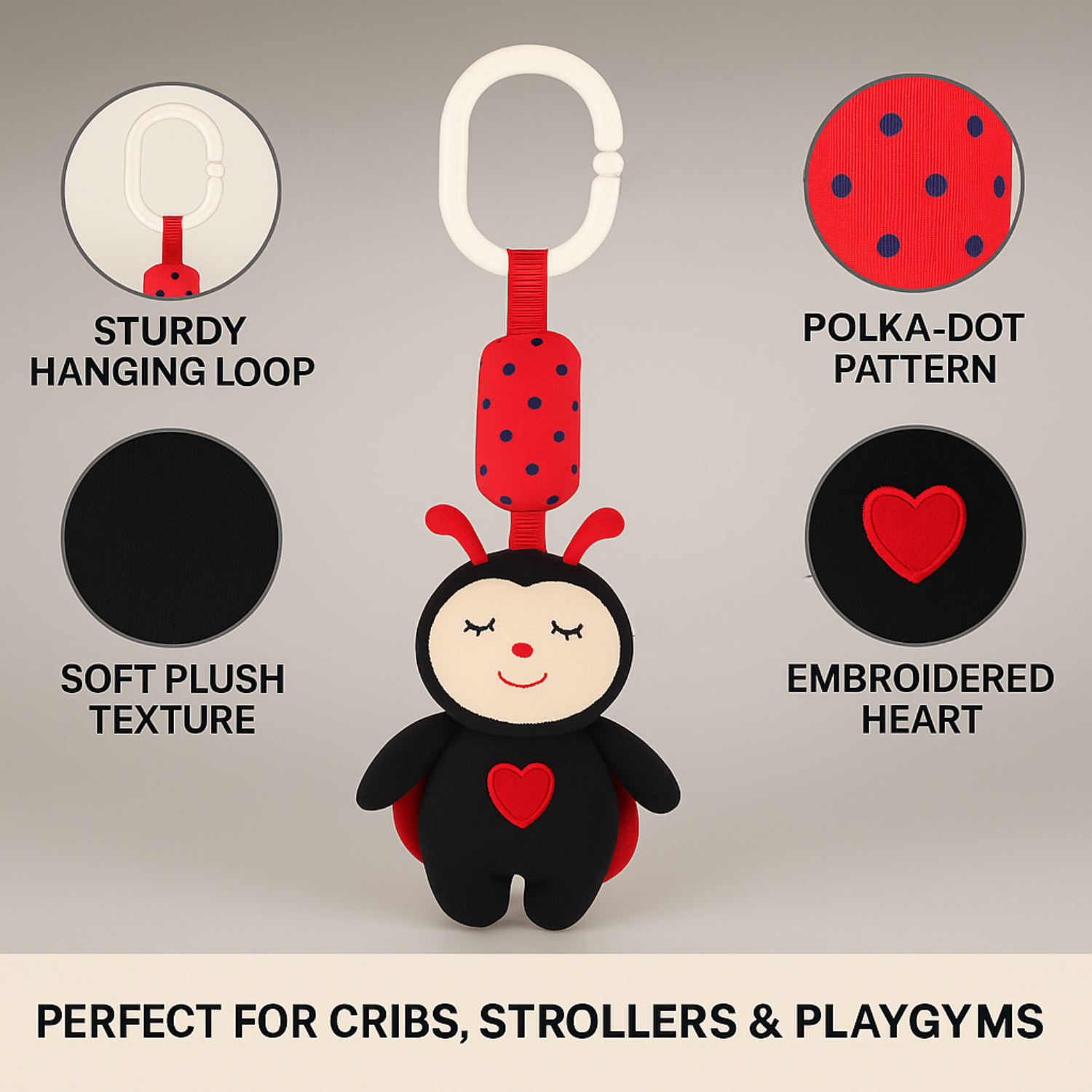 Smile Baby Plush Hanging Ladybug Toy – Soft & Safe for Newborns | Crib, Stroller & Car Seat Accessory | 0+ Months