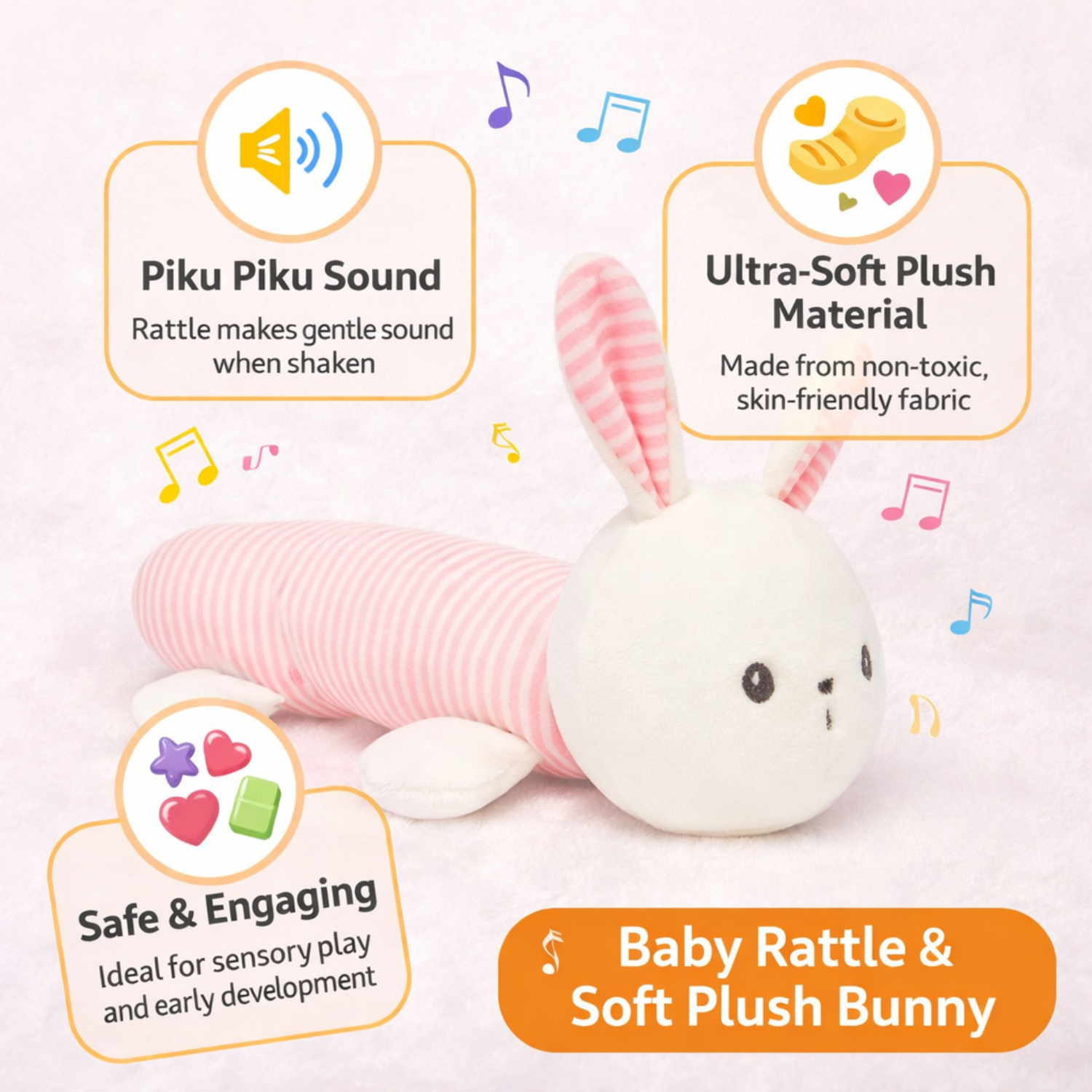 Sunnozy Baby Plush Rattle Toy – Piku Piku Sound Soft Bunny, Ultra-Soft Fabric, Safe for Babies (0–3 Years)