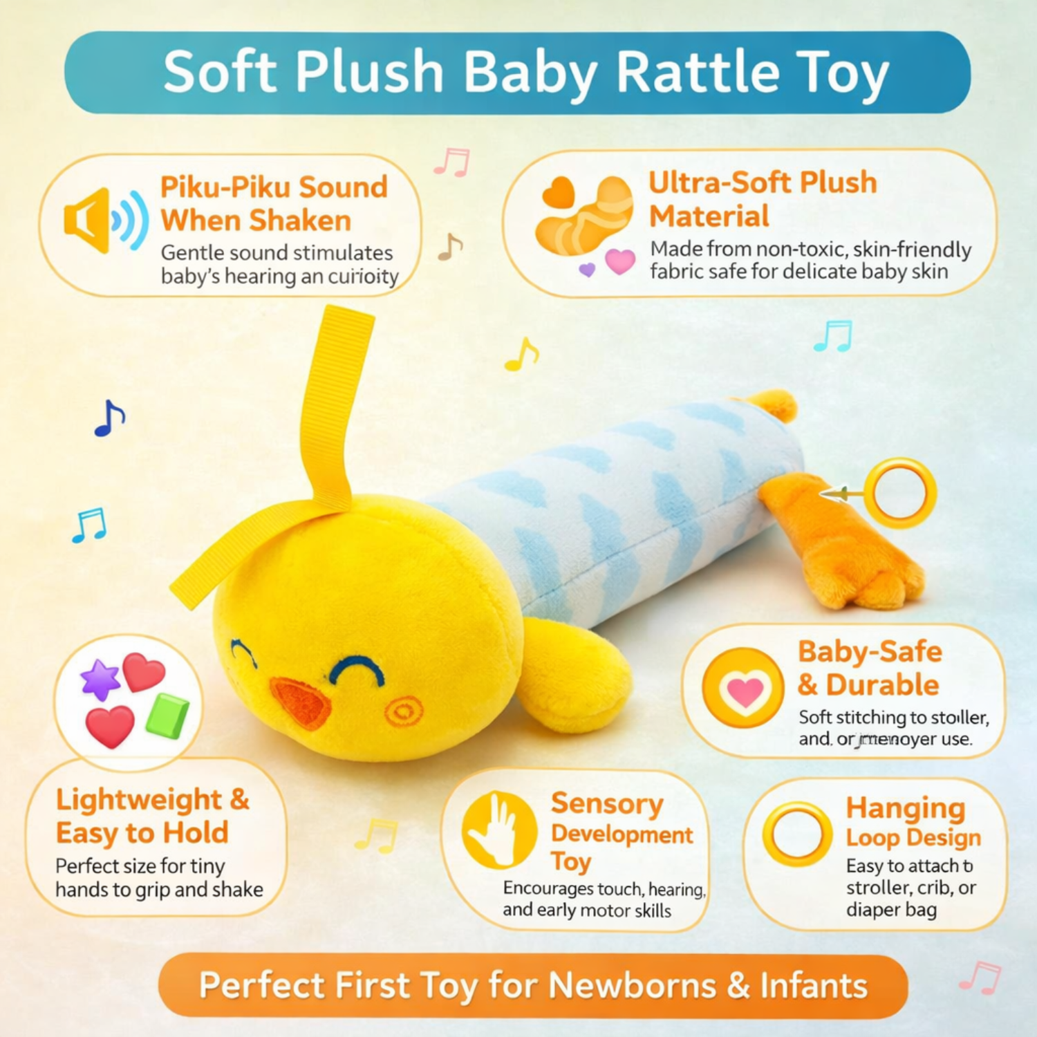 Sunnozy Soft Plush Baby Rattle Toy – Piku-Piku Sound, Ultra-Soft & Baby Safe (0–3 Years)