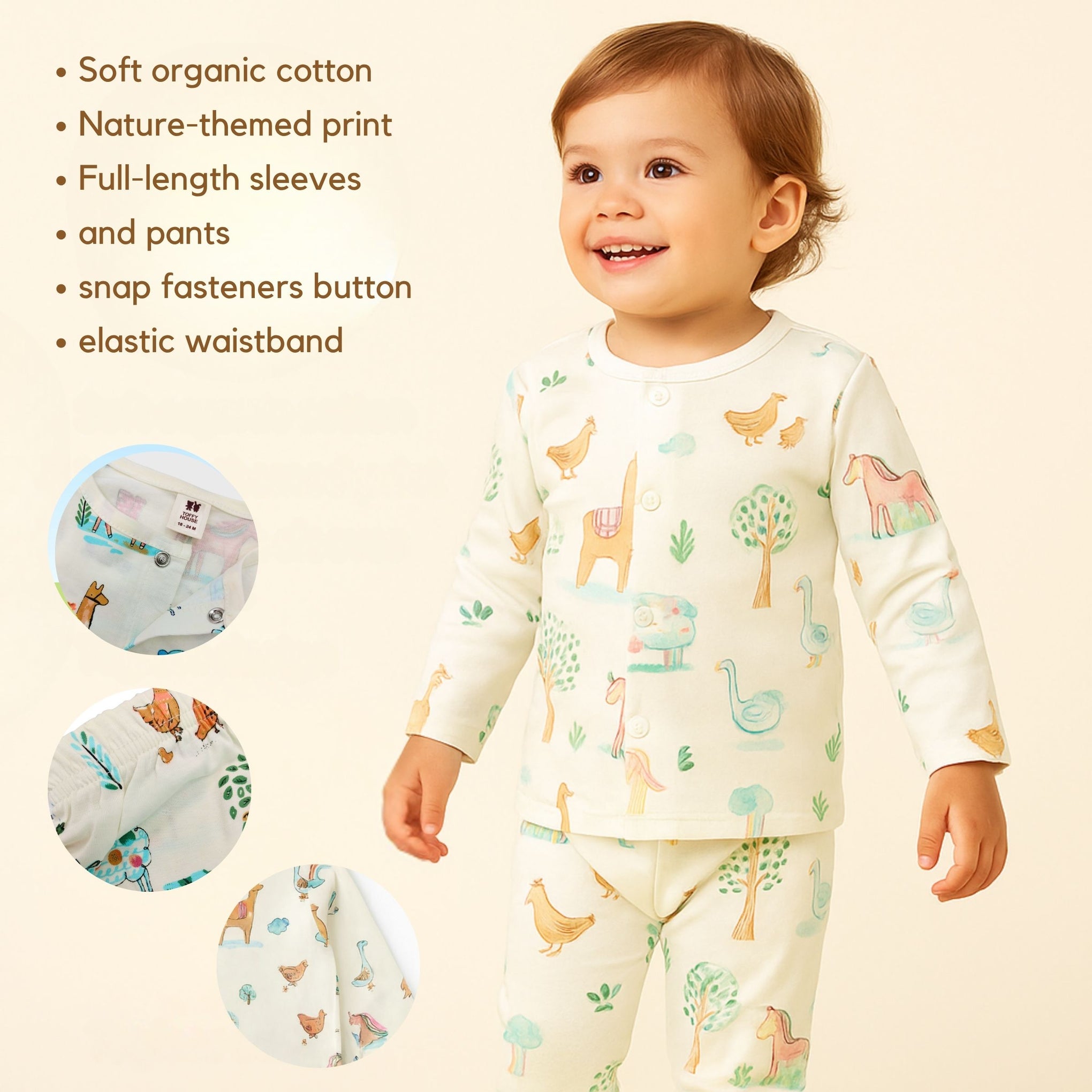 TOFFY HOUSE Organic Cotton Pajama Set – Nature Print | Full Sleeve & Pant | Unisex | 2 Years
