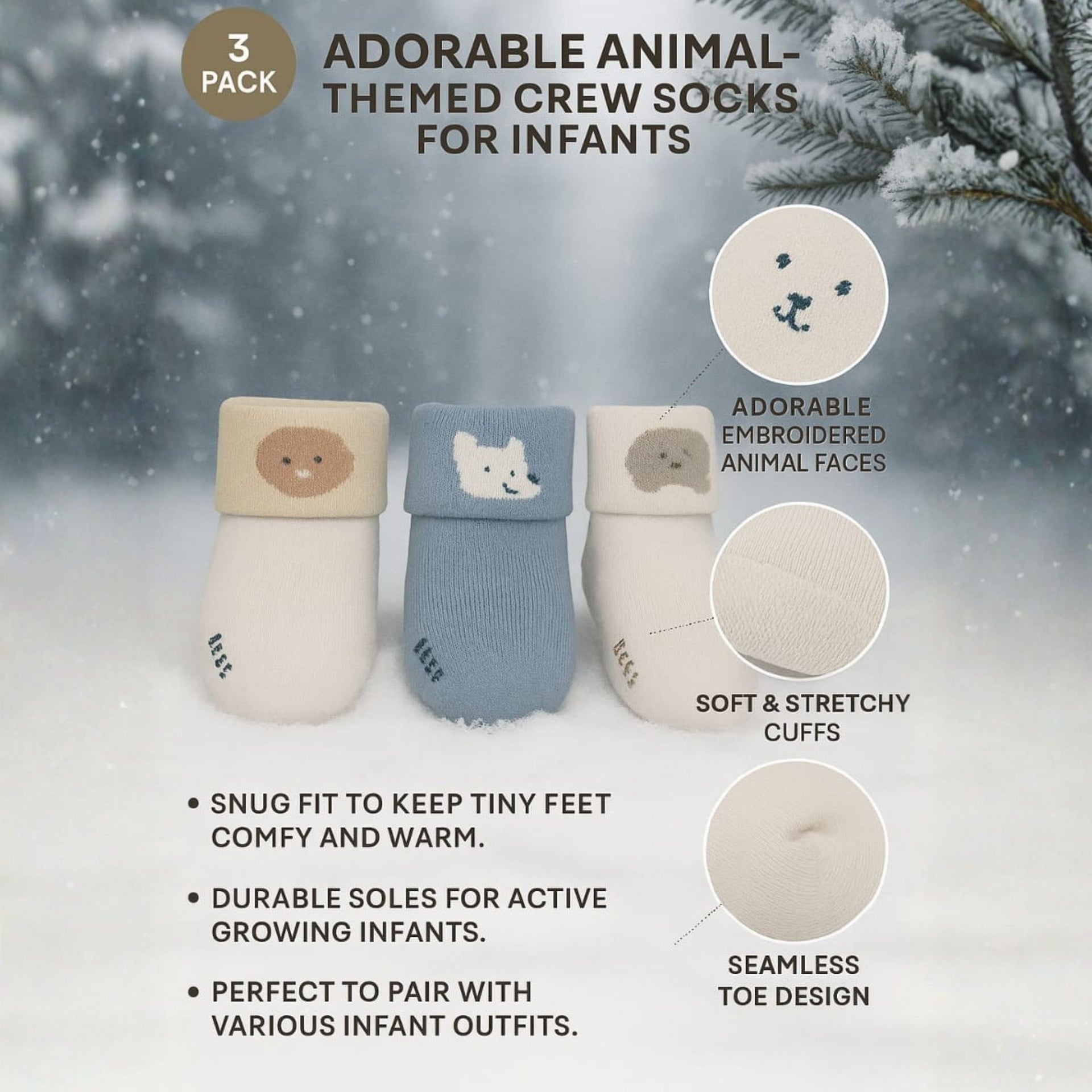 SMILE BABY Soft Winter Baby Socks | Warm & Breathable Cotton socks| Cute Animal Design | Newborn to 12 Months | Pack of 3 – Cream, Blue & Beige