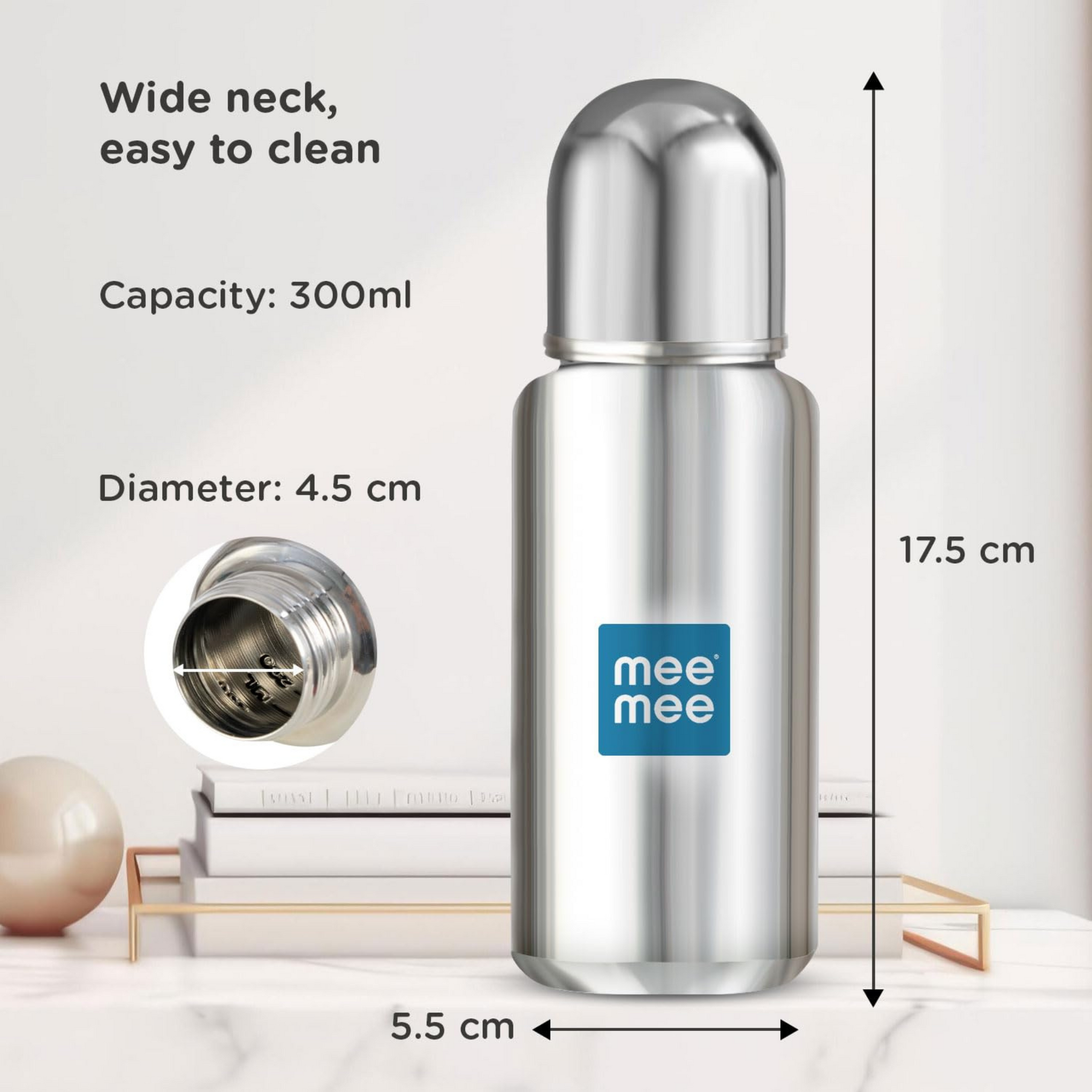 Mee Mee Baby Steel Feeding Bottle 300ml | Baby Milk Bottle with Advanced Anti Colic Valve, BPA Free, Soft Silicone Teat, Wide Neck for Babies/Infants/Newborns of 0-2 Years