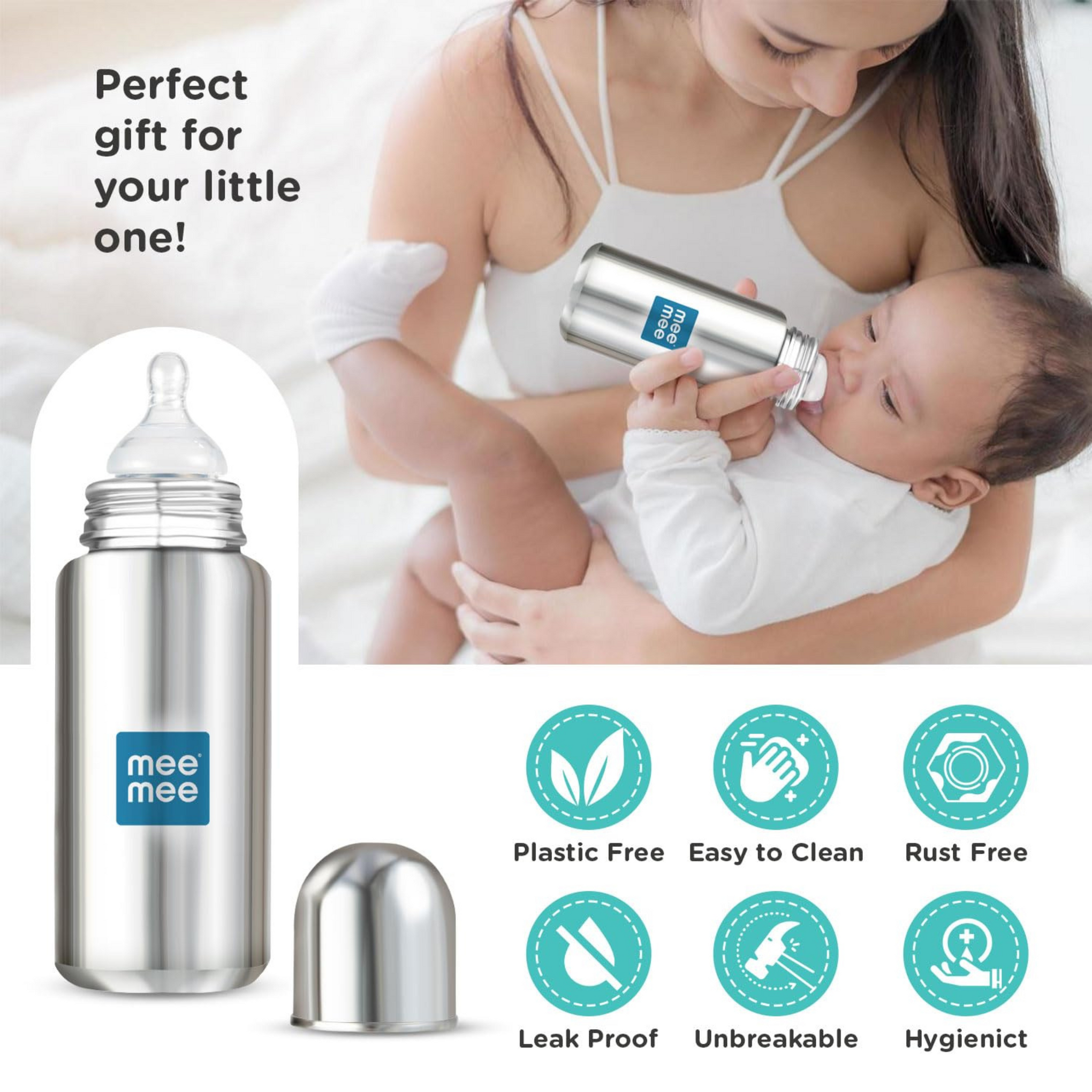 Mee Mee Baby Steel Feeding Bottle 300ml | Baby Milk Bottle with Advanced Anti Colic Valve, BPA Free, Soft Silicone Teat, Wide Neck for Babies/Infants/Newborns of 0-2 Years