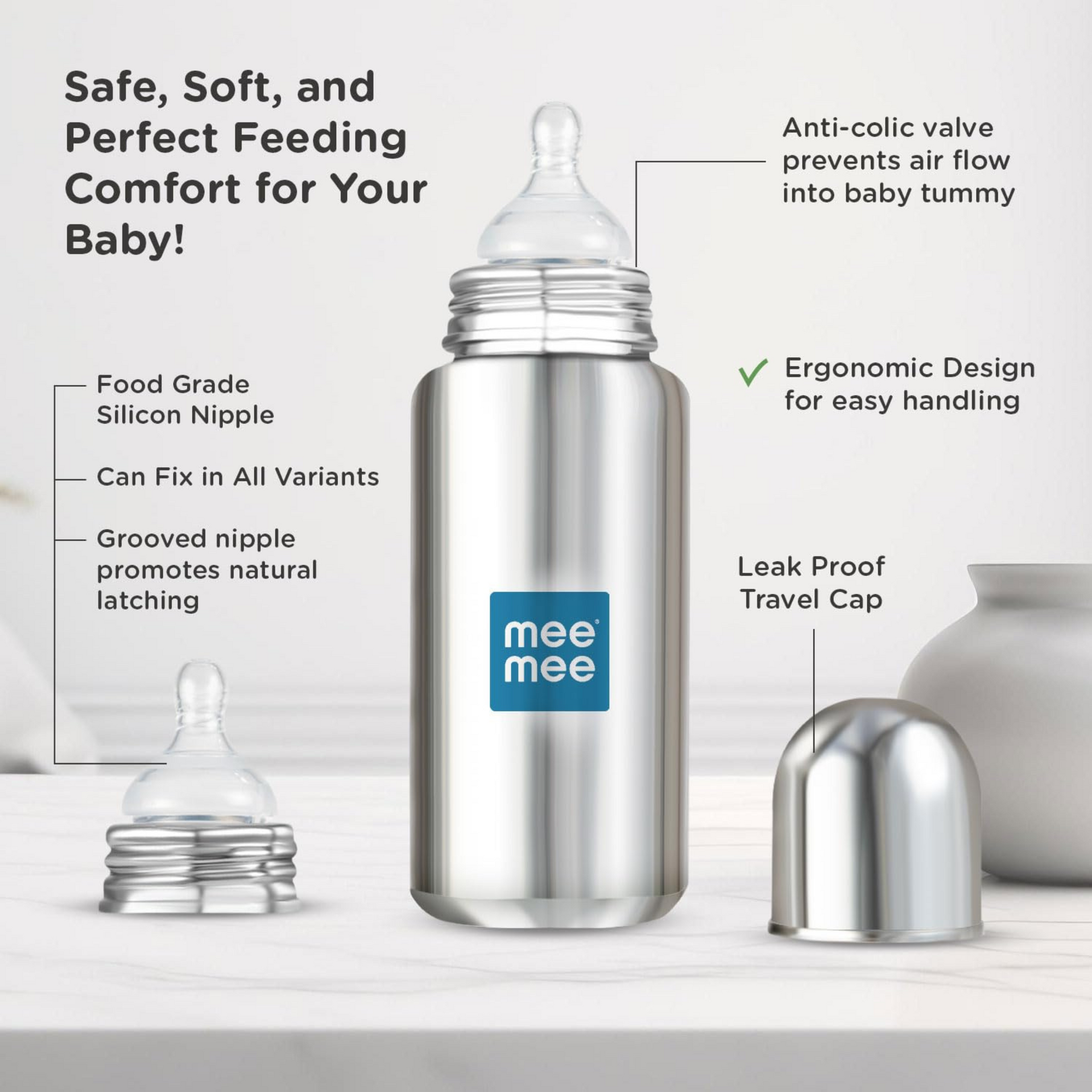 Mee Mee Baby Steel Feeding Bottle 300ml | Baby Milk Bottle with Advanced Anti Colic Valve, BPA Free, Soft Silicone Teat, Wide Neck for Babies/Infants/Newborns of 0-2 Years
