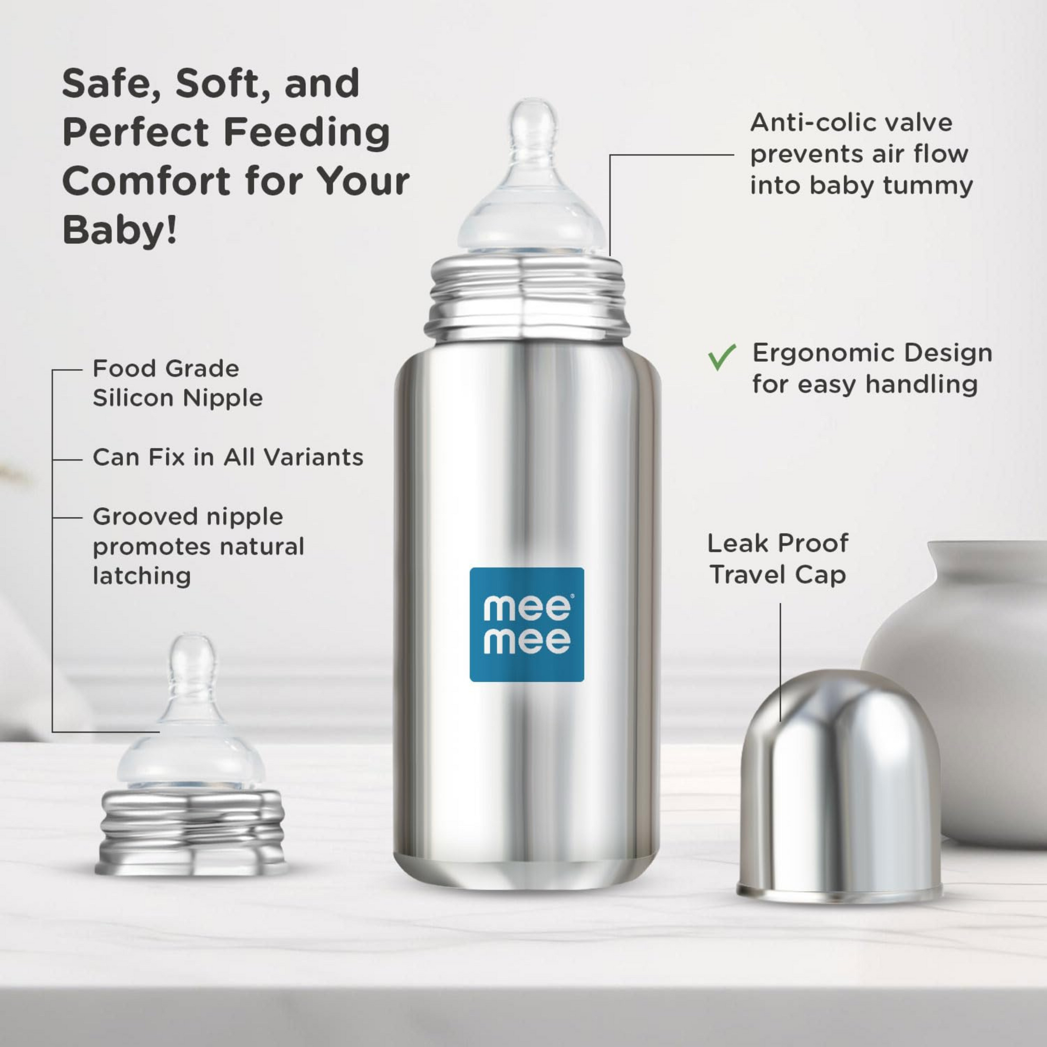 Mee Mee Baby Steel Feeding Bottle 300ml | Baby Milk Bottle with Advanced Anti Colic Valve, BPA Free, Soft Silicone Teat, Wide Neck for Babies/Infants/Newborns of 0-2 Years