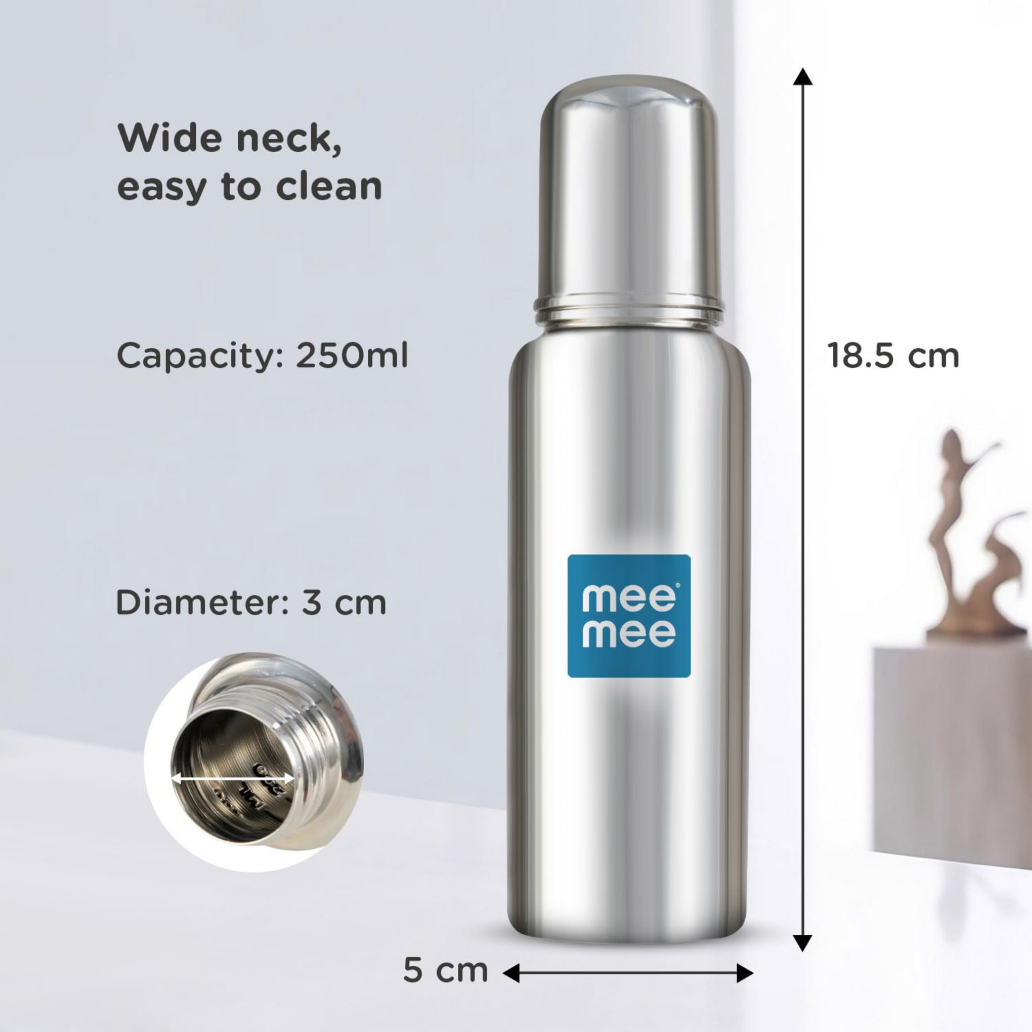 Mee Mee Baby Steel Feeding Bottle 250ml | Baby Milk Bottle with Advanced Anti Colic Valve, BPA Free, Soft Silicone Teat, Wide Neck for Babies/Infants/Newborns of 0-2 Years
