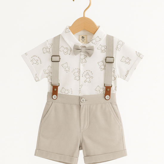 TOFFY HOUSE Boys' Formal Suspender Outfit Set – White Teddy Print T-Shirt with Bow & Beige Shorts | New Born to 9 Months