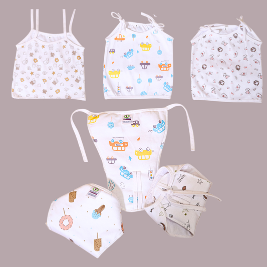 Smile Baby Cotton Jabla & Langot Combo for Newborn – Knot & Tie-Up Style | Pack of 3 Each | White Printed | 100% Pure Cotton | Unisex Baby Wear & Nappies